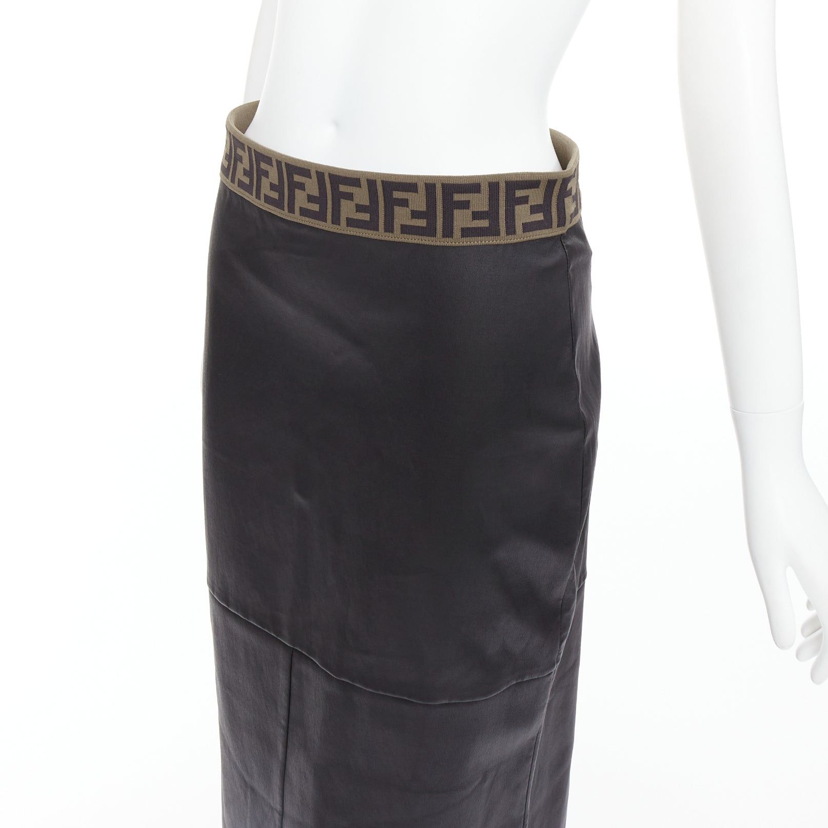 Fendi FENDI Gonna khaki FF monogram waist black lamb leather pencil skirt IT44 L Size 30" / US 8 / IT 44 - 2 Thumbnail