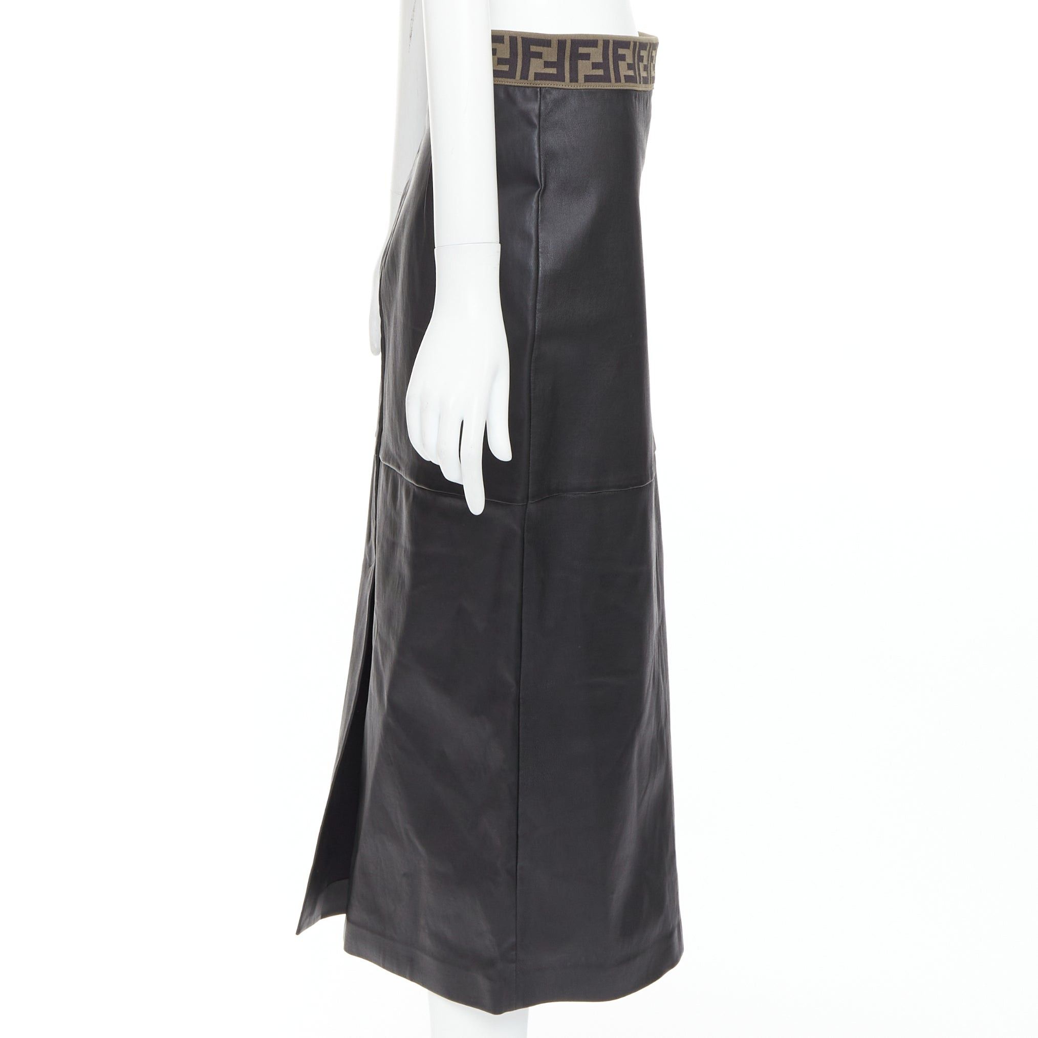 Fendi FENDI Gonna khaki FF monogram waist black lamb leather pencil skirt IT44 L Size 30" / US 8 / IT 44 - 4 Thumbnail