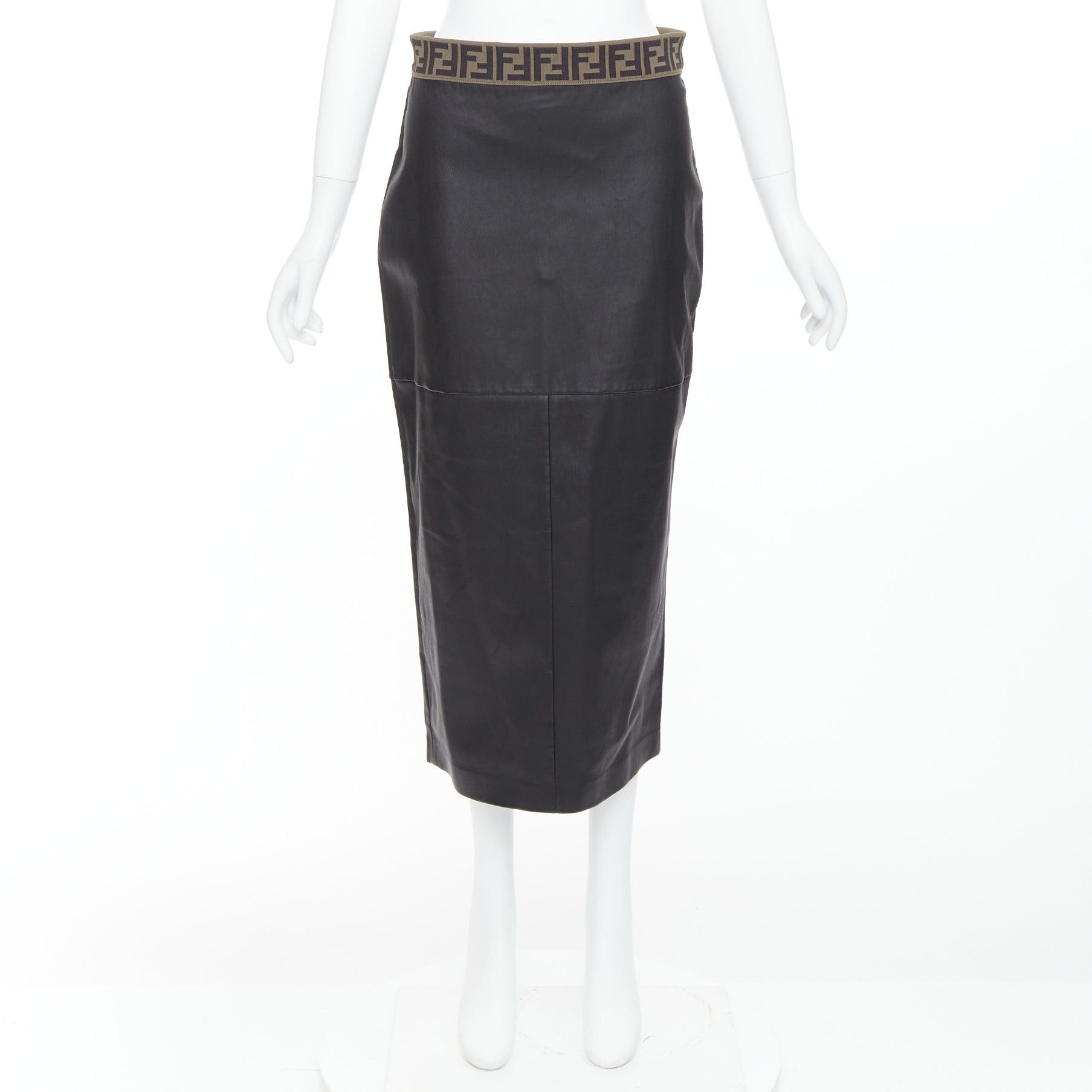 Fendi FENDI Gonna khaki FF monogram waist black lamb leather pencil skirt IT44 L Size 30" / US 8 / IT 44 - 9 Thumbnail