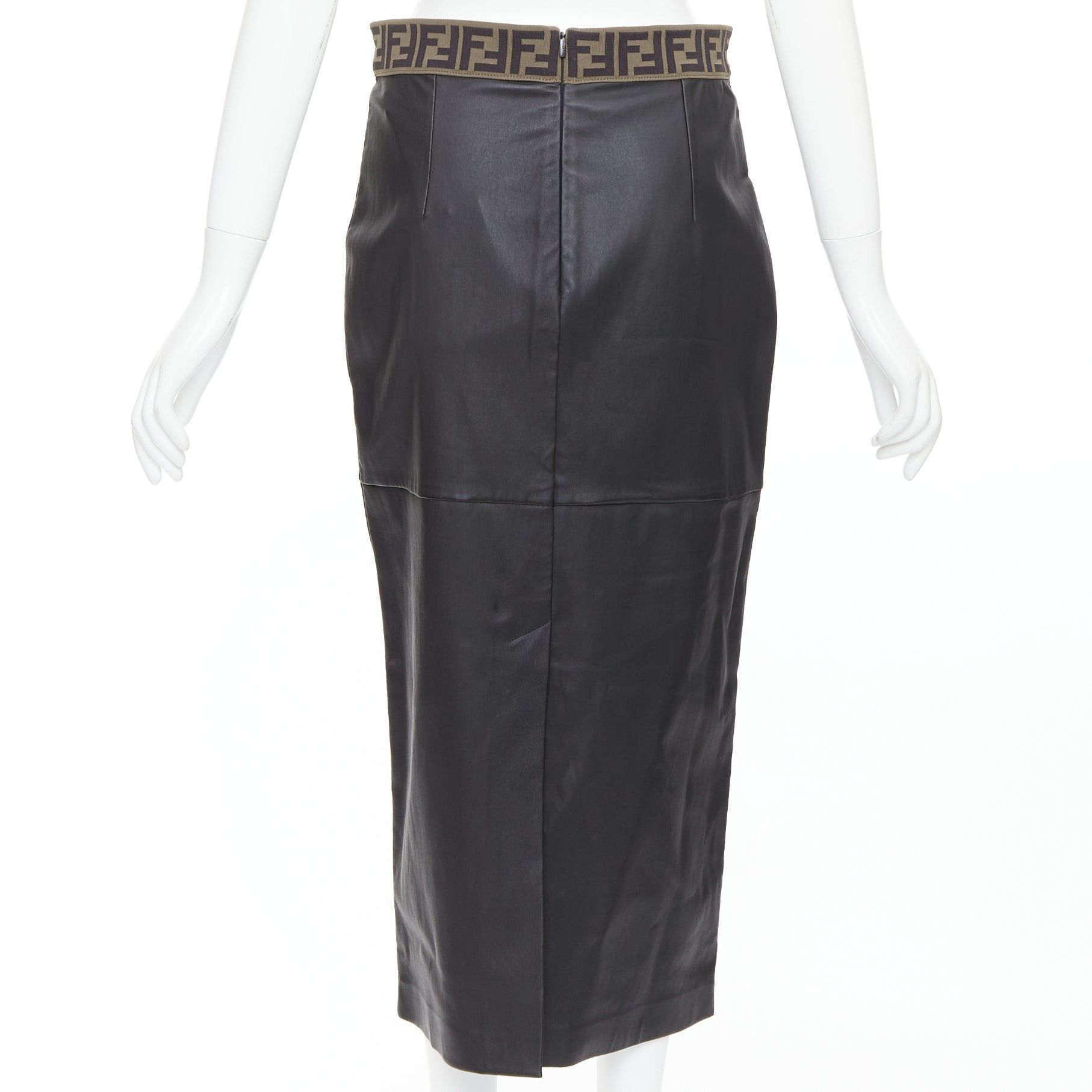 Fendi FENDI Gonna khaki FF monogram waist black lamb leather pencil skirt IT44 L Size 30" / US 8 / IT 44 - 5 Thumbnail