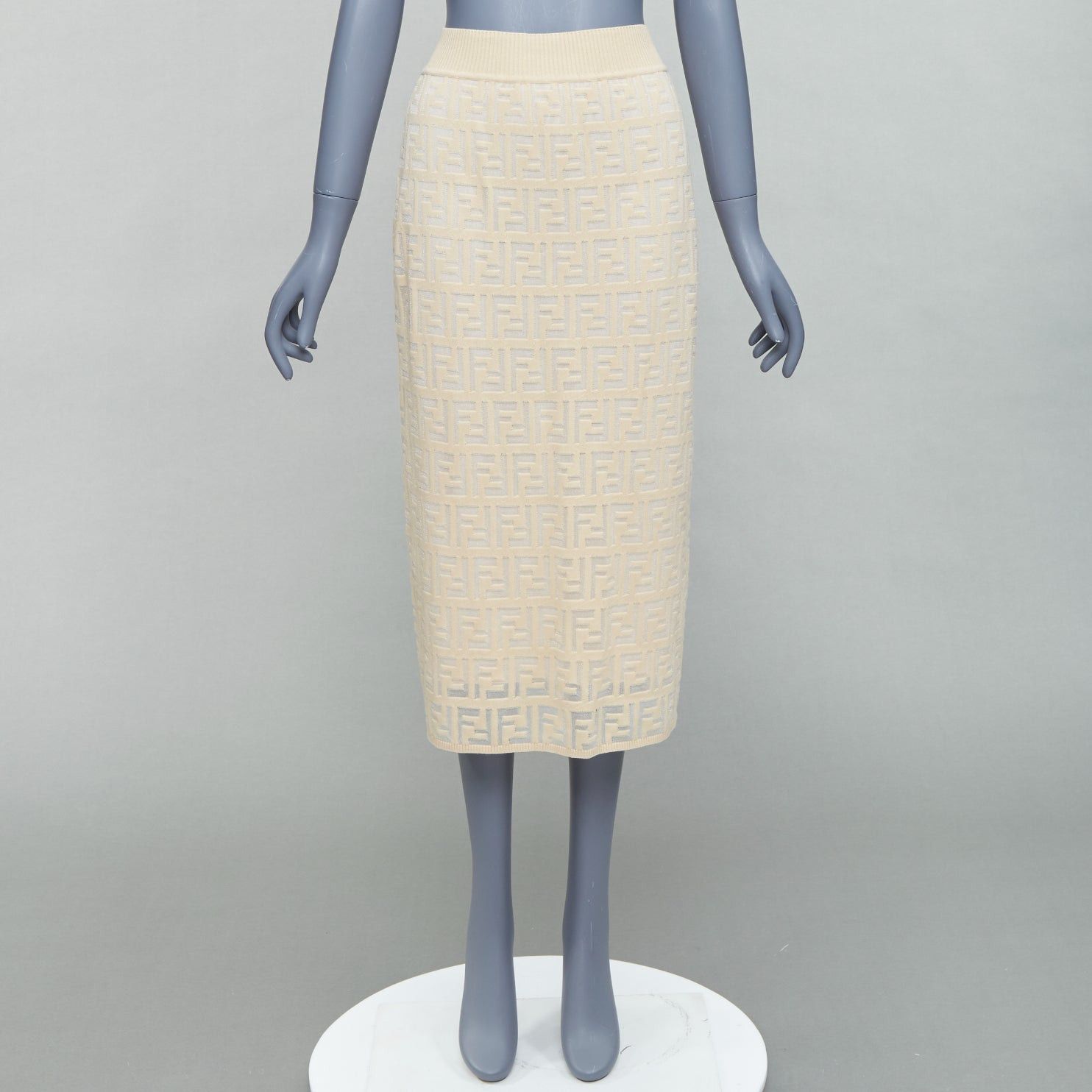 Fendi FENDI cream beige cotton blend FF Zucca monogram knit pencil skirtIT IT42 M Size 28" / US 6 / IT 42 - 9 Thumbnail