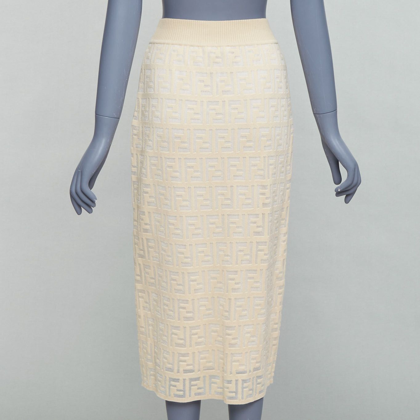 Fendi FENDI cream beige cotton blend FF Zucca monogram knit pencil skirtIT IT42 M Size 28" / US 6 / IT 42 - 5 Thumbnail