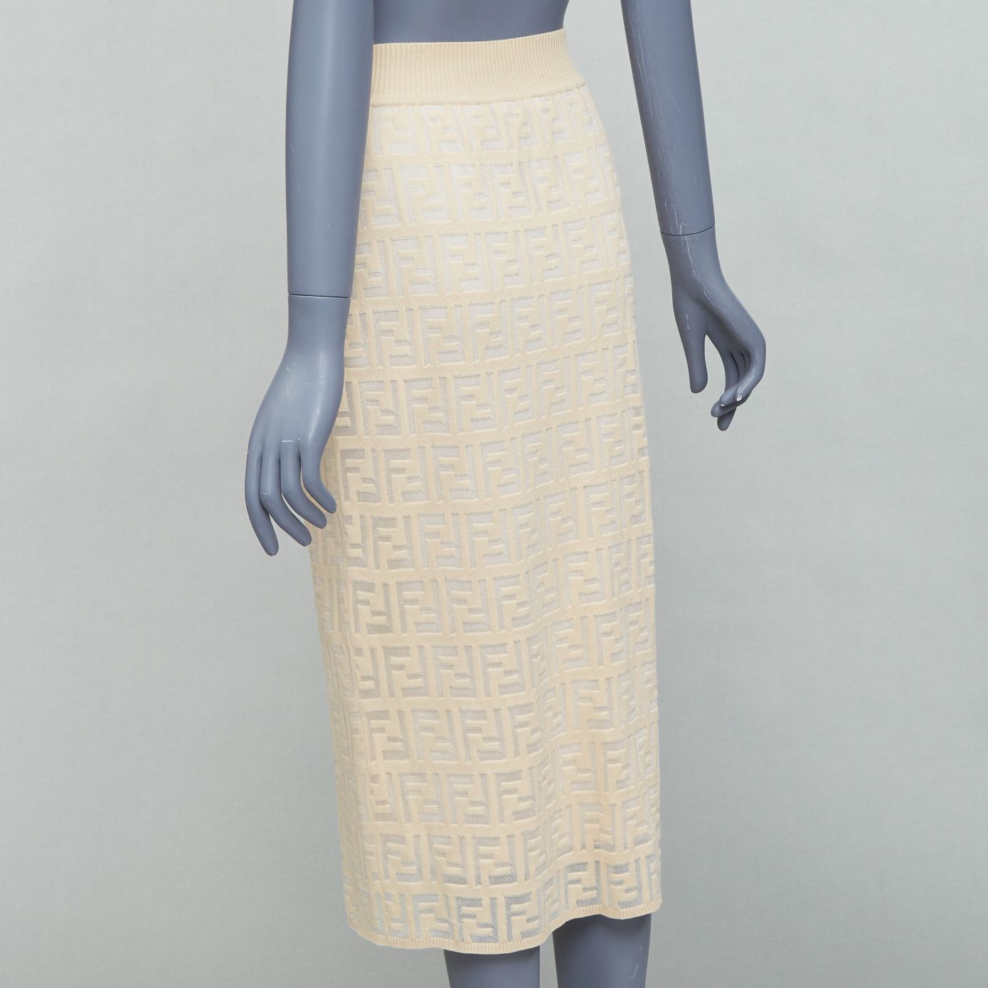 Fendi FENDI cream beige cotton blend FF Zucca monogram knit pencil skirtIT IT42 M Size 28" / US 6 / IT 42 - 6 Thumbnail