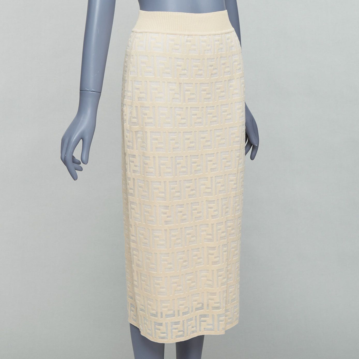 Fendi FENDI cream beige cotton blend FF Zucca monogram knit pencil skirtIT IT42 M Size 28" / US 6 / IT 42 - 3 Thumbnail