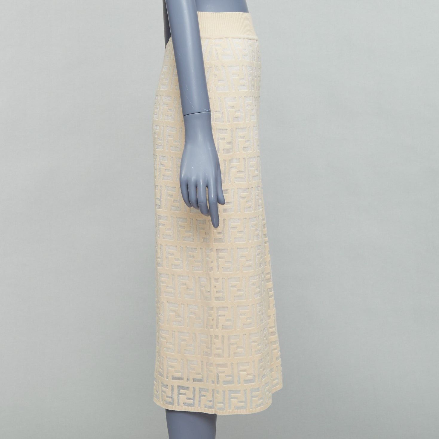 Fendi FENDI cream beige cotton blend FF Zucca monogram knit pencil skirtIT IT42 M Size 28" / US 6 / IT 42 - 4 Thumbnail