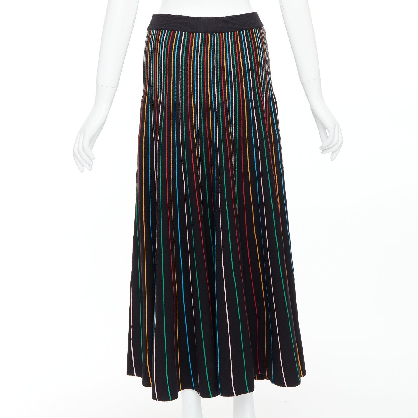 RED Valentino RED VALENTINO black rainbow stripe cotton blend knitted midi skirt S Size 27" / US 4 / IT 40 - 5 Thumbnail
