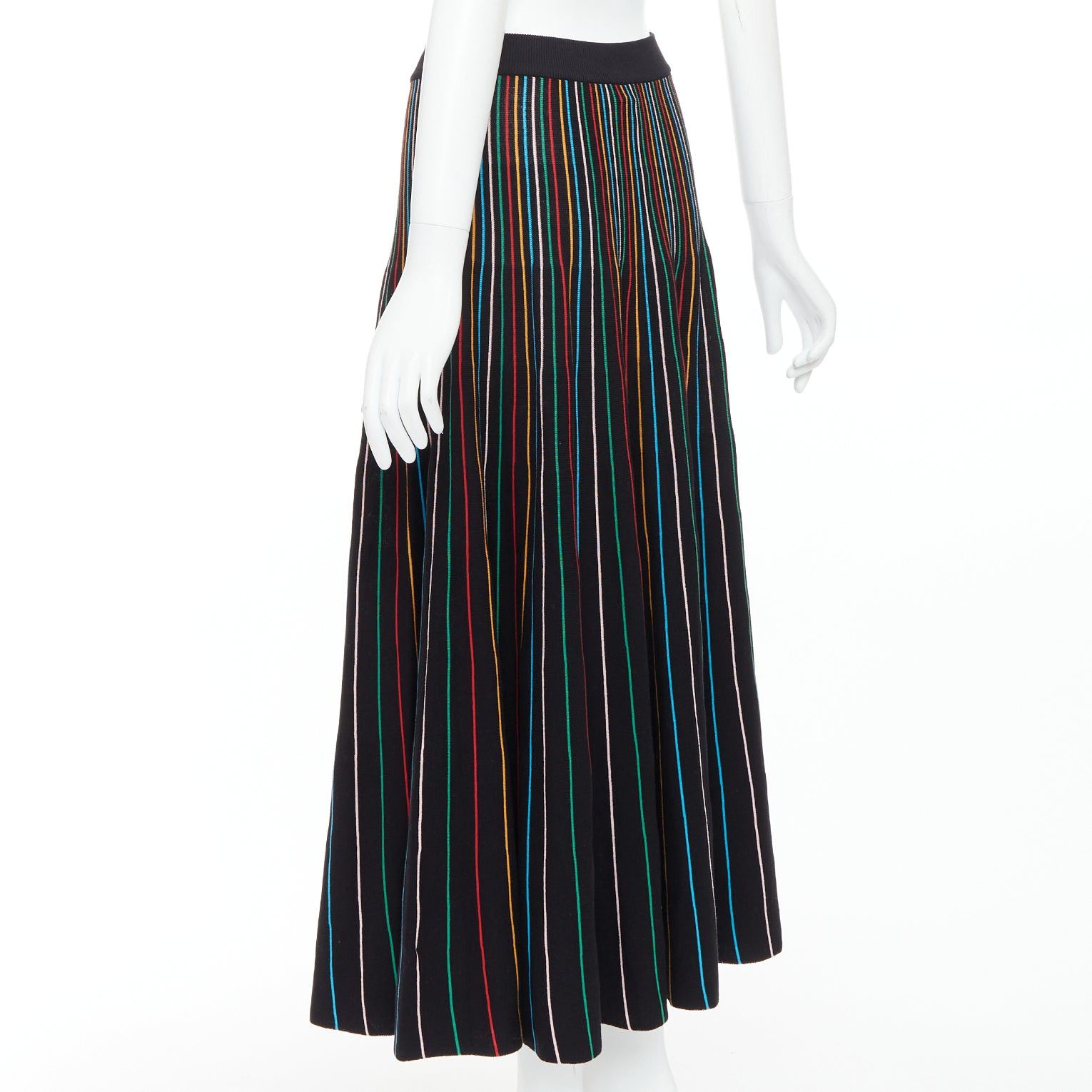 RED Valentino RED VALENTINO black rainbow stripe cotton blend knitted midi skirt S Size 27" / US 4 / IT 40 - 6 Thumbnail
