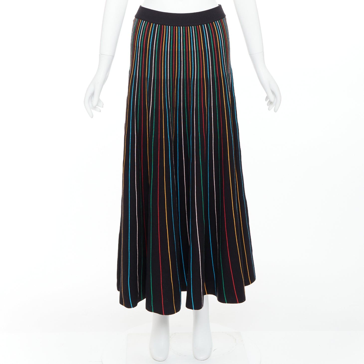 RED Valentino RED VALENTINO black rainbow stripe cotton blend knitted midi skirt S Size 27" / US 4 / IT 40 - 9 Thumbnail