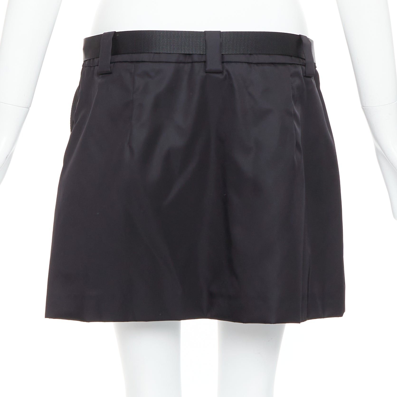Prada PRADA 2020 Re-nylon black silver triangle logo buckle belt mini skirt IT44 L Size 30" / US 8 / IT 44 - 5 Thumbnail