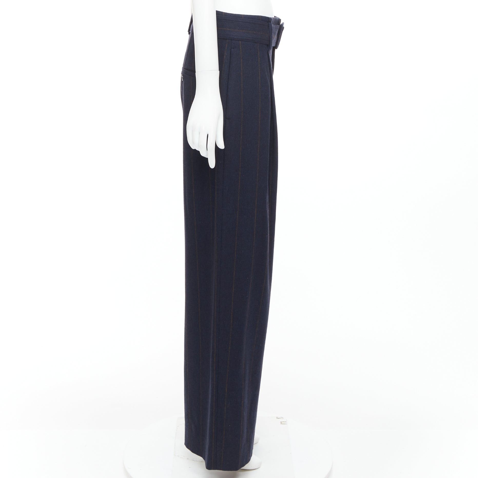 Vince VINCE navy brown wool blend pinstripe belted wide leg trousers US6 M Size 28" / US 6 / IT 42 - 4 Thumbnail