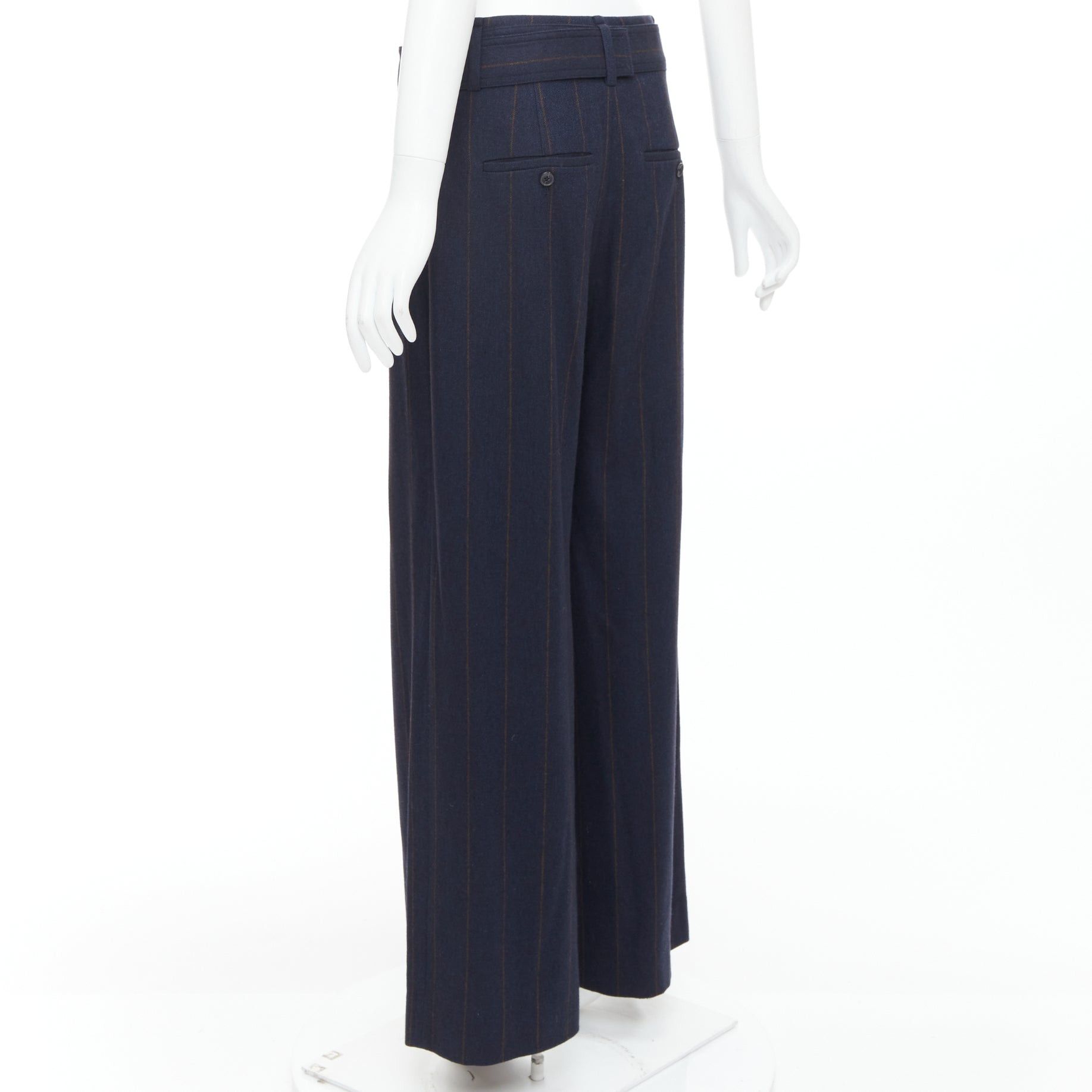 Vince VINCE navy brown wool blend pinstripe belted wide leg trousers US6 M Size 28" / US 6 / IT 42 - 6 Thumbnail