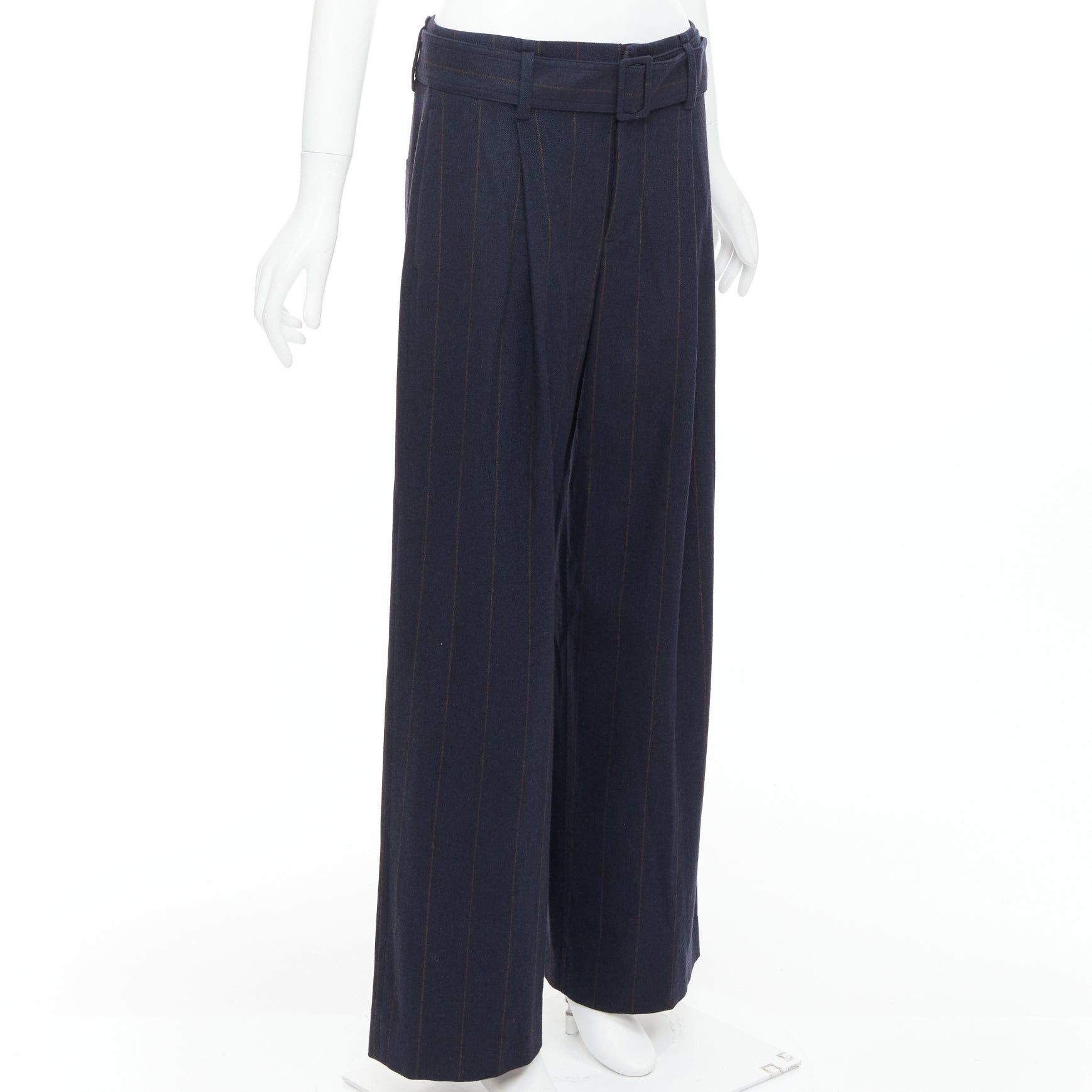 Vince VINCE navy brown wool blend pinstripe belted wide leg trousers US6 M Size 28" / US 6 / IT 42 - 3 Thumbnail