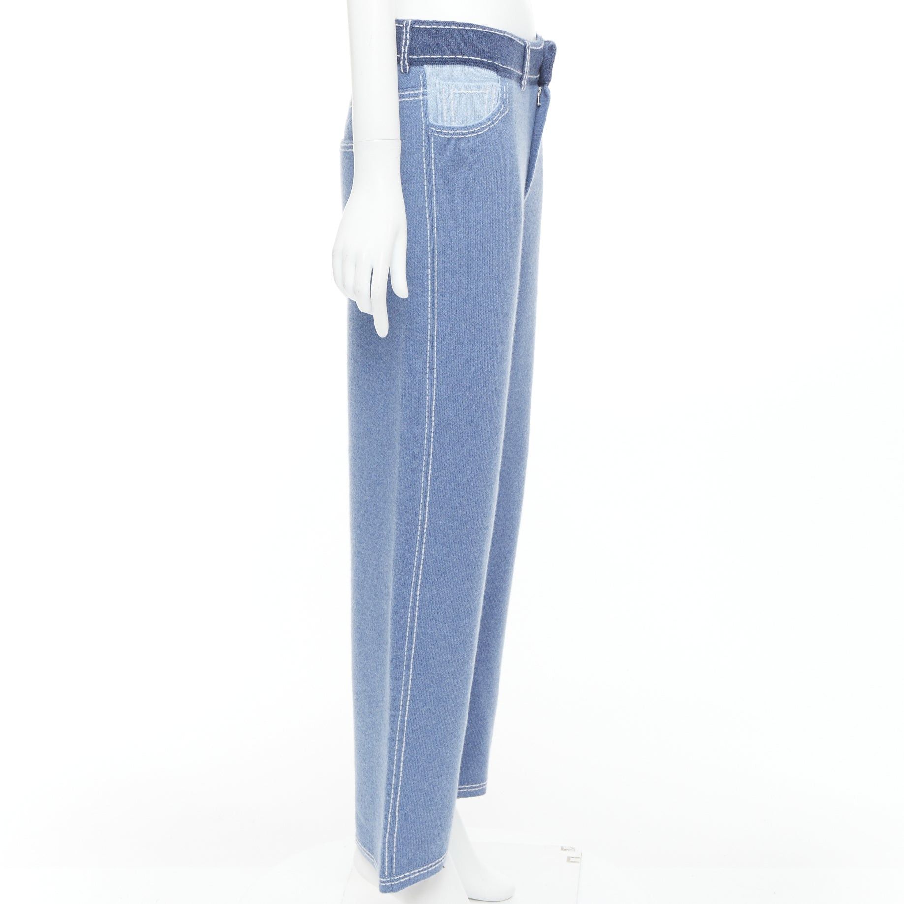 Barrie BARRIE cashmere cotton blue trompe loeil white topstitch knitted pants M Size 28" / US 6 / IT 42 - 4 Thumbnail