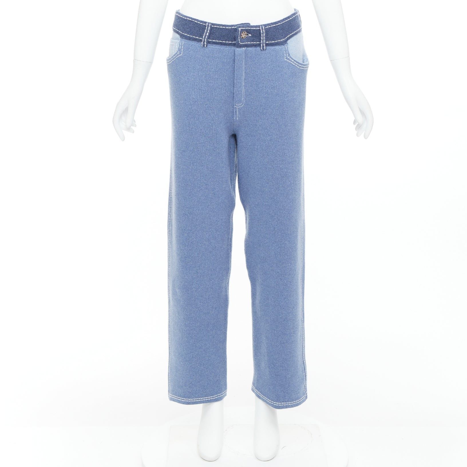 Barrie BARRIE cashmere cotton blue trompe loeil white topstitch knitted pants M Size 28" / US 6 / IT 42 - 9 Thumbnail