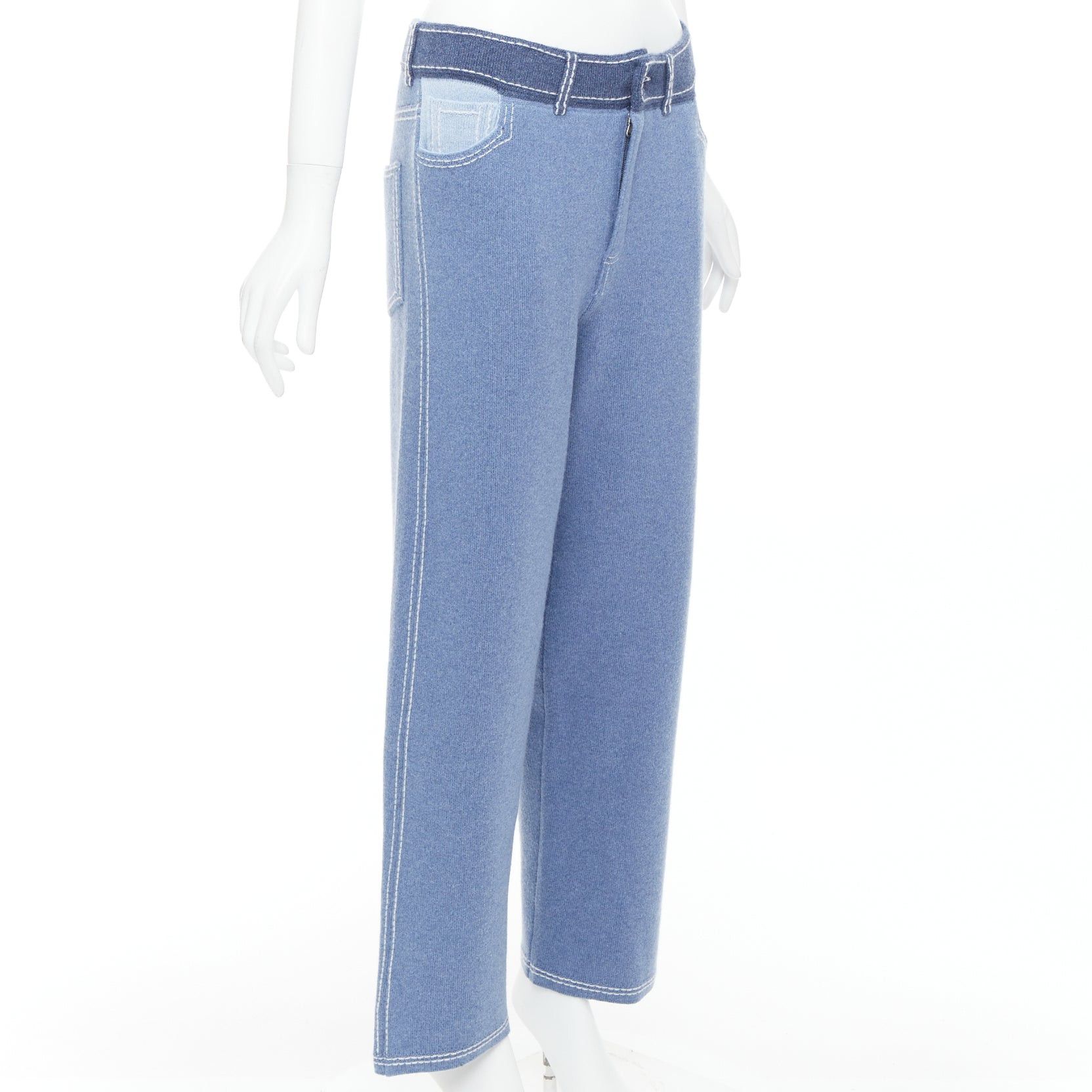 Barrie BARRIE cashmere cotton blue trompe loeil white topstitch knitted pants M Size 28" / US 6 / IT 42 - 3 Thumbnail