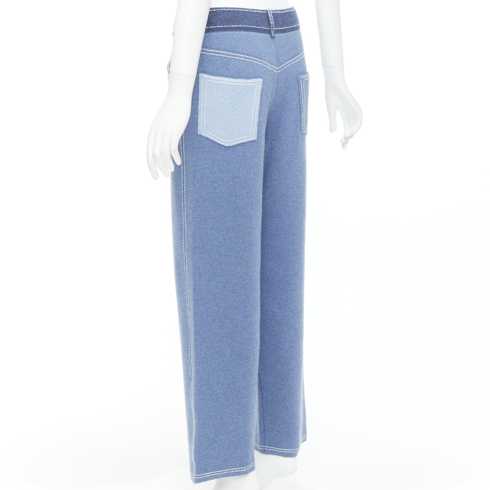 Barrie BARRIE cashmere cotton blue trompe loeil white topstitch knitted pants M Size 28" / US 6 / IT 42 - 5 Thumbnail