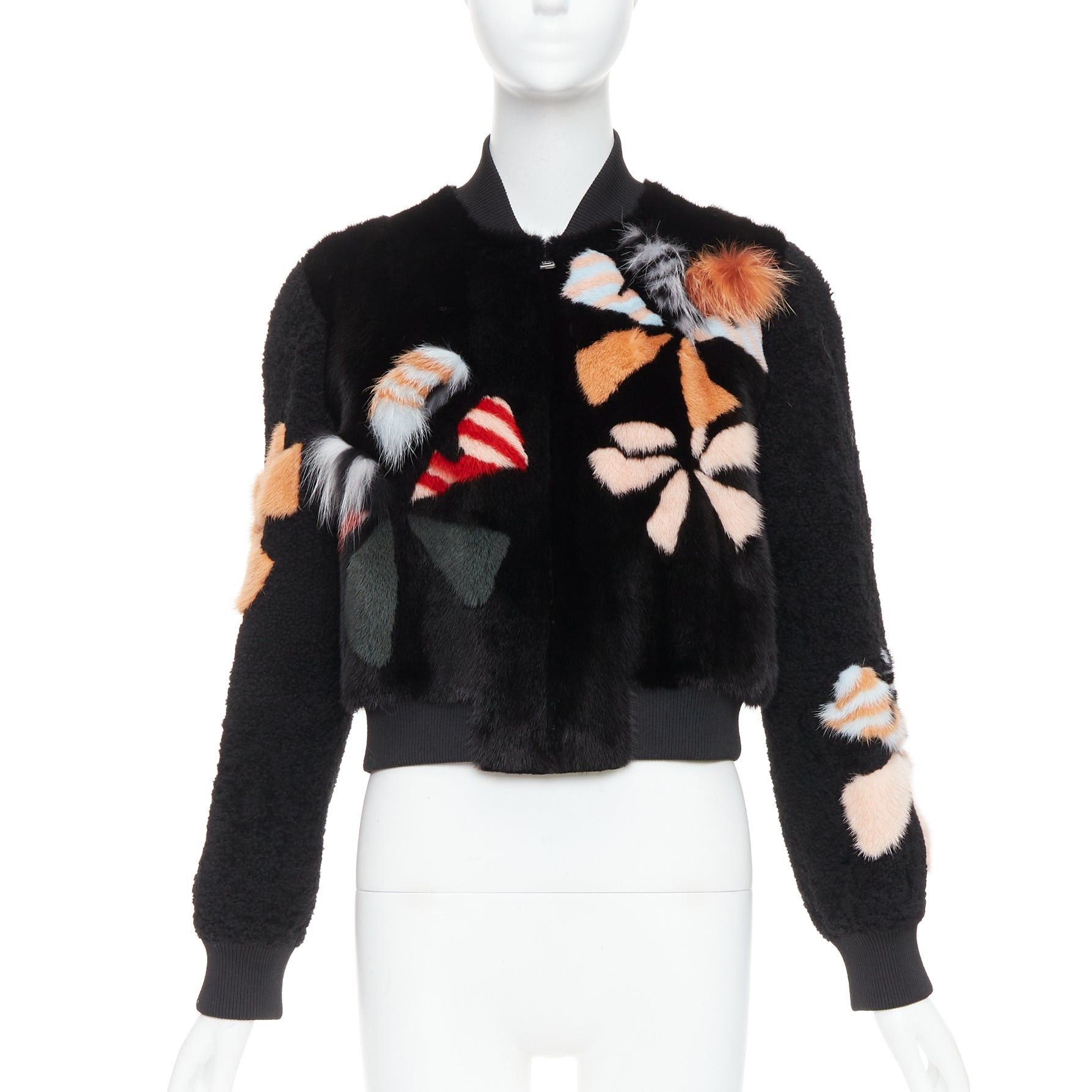 Fendi FENDI black floral fur leather lined cropped bomber jacket IT40 S Size S / US 4 / IT 40 - 2 Thumbnail
