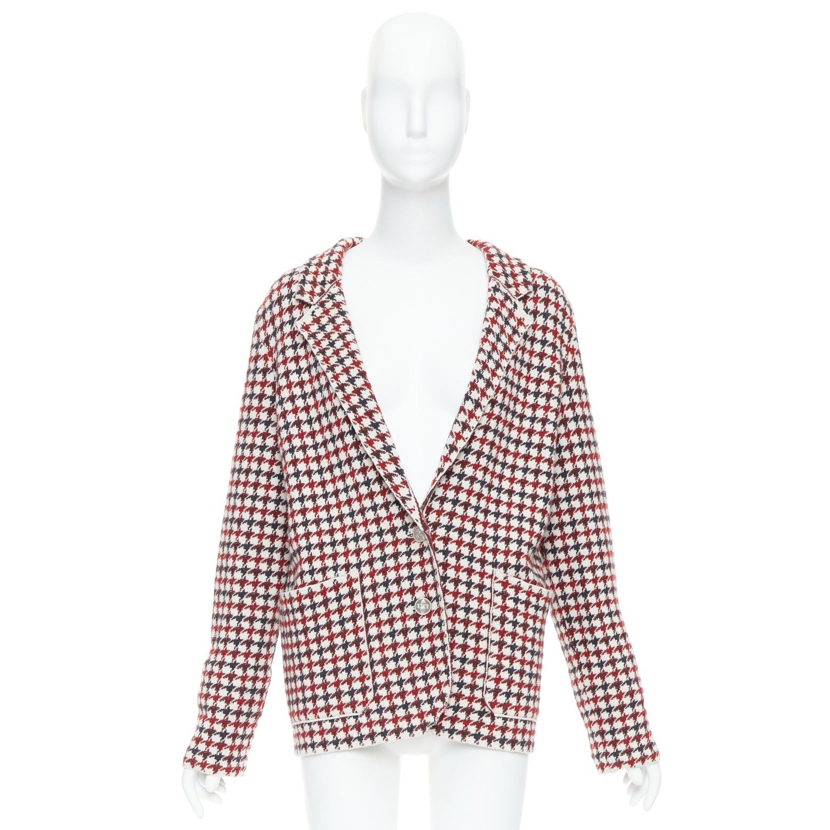 Barrie BARRIE burgundy cream cashmere lambswool houndstooth knit blazer XS Size S / US 4 / IT 40 - 10 Thumbnail