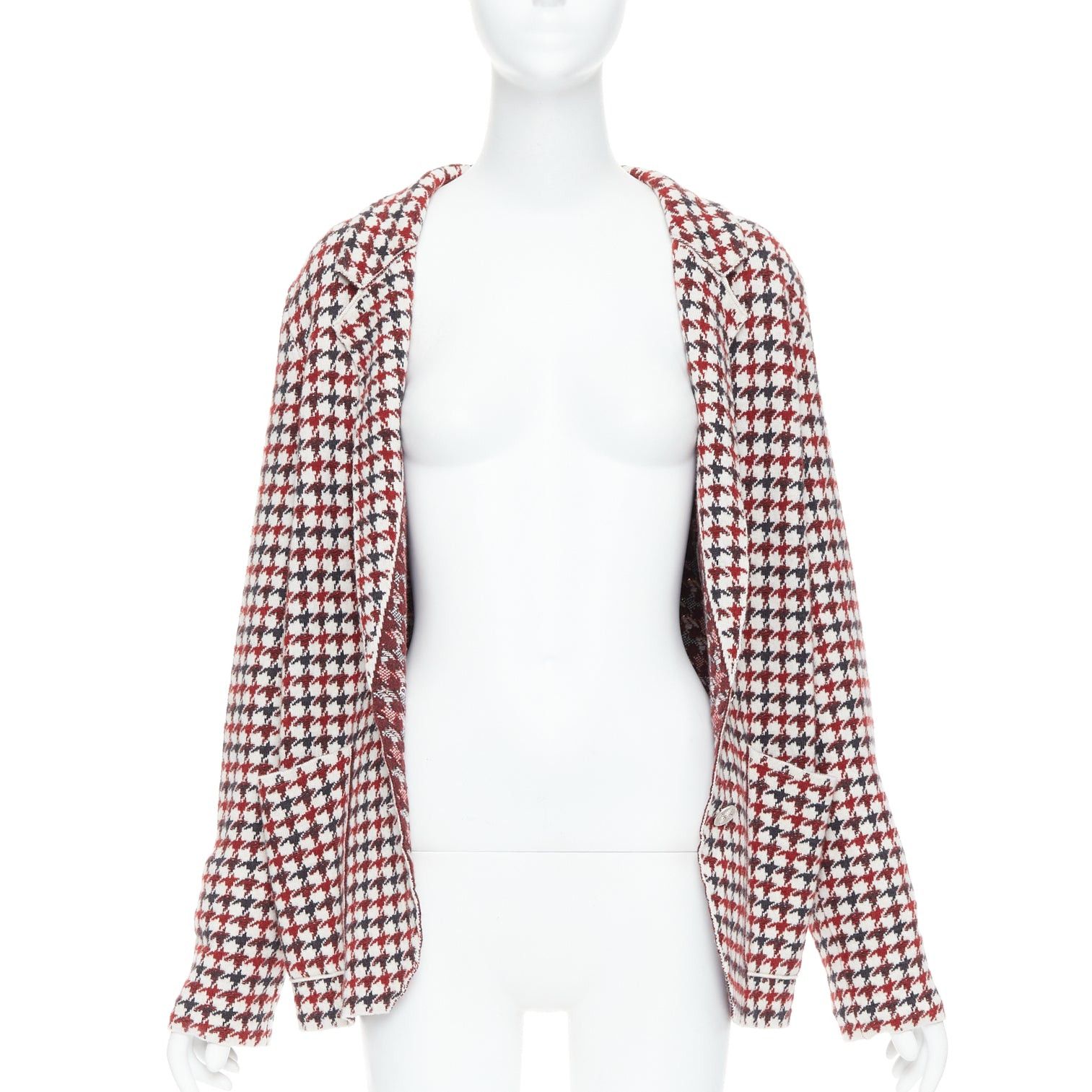 Barrie BARRIE burgundy cream cashmere lambswool houndstooth knit blazer XS Size S / US 4 / IT 40 - 3 Thumbnail