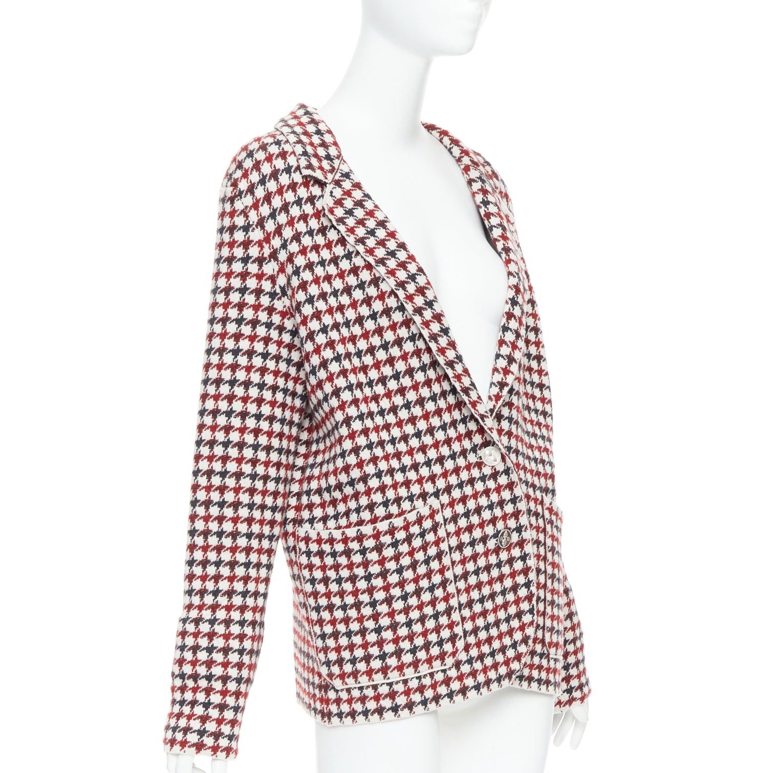 Barrie BARRIE burgundy cream cashmere lambswool houndstooth knit blazer XS Size S / US 4 / IT 40 - 4 Thumbnail