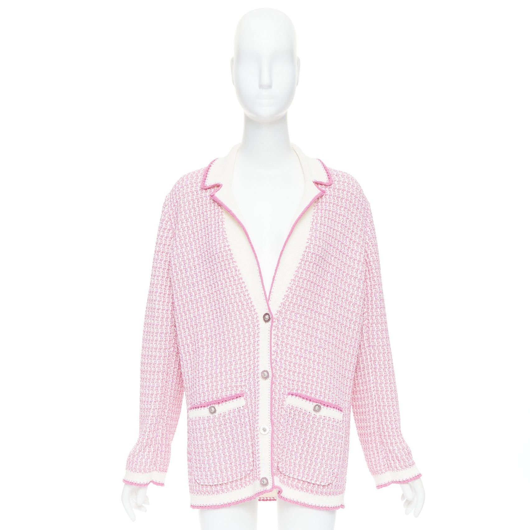 Chanel CHANEL 2022 pink white tweed metallic buttons long knit cardigan FR42 XL Size L / US 10 / IT 46 - 10 Thumbnail