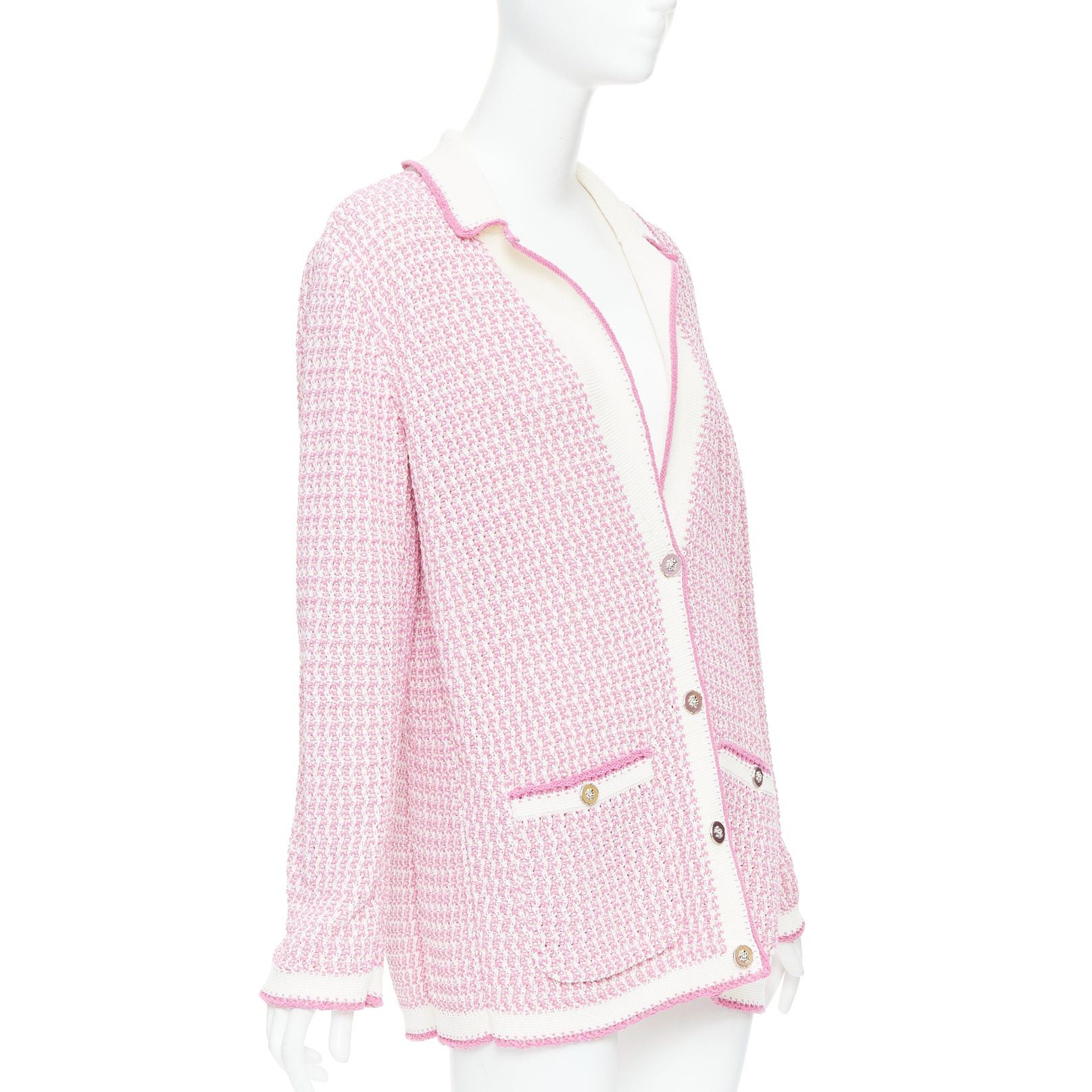 Chanel CHANEL 2022 pink white tweed metallic buttons long knit cardigan FR42 XL Size L / US 10 / IT 46 - 4 Thumbnail
