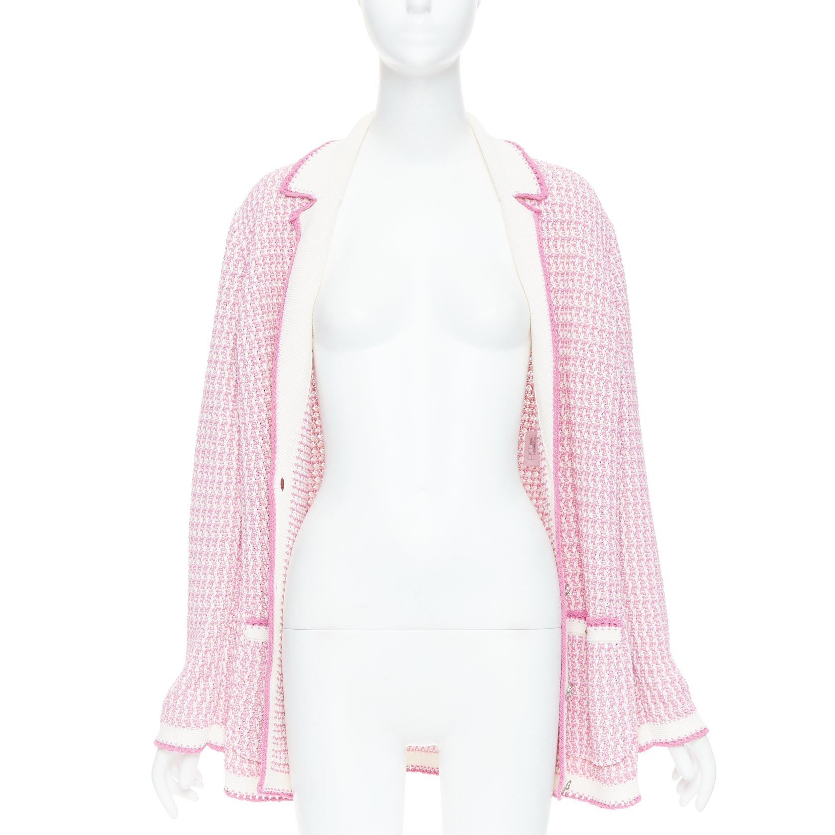 Chanel CHANEL 2022 pink white tweed metallic buttons long knit cardigan FR42 XL Size L / US 10 / IT 46 - 3 Thumbnail