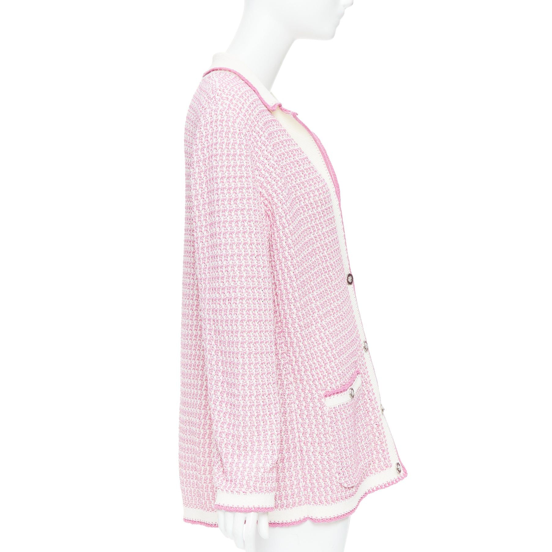 Chanel CHANEL 2022 pink white tweed metallic buttons long knit cardigan FR42 XL Size L / US 10 / IT 46 - 5 Thumbnail