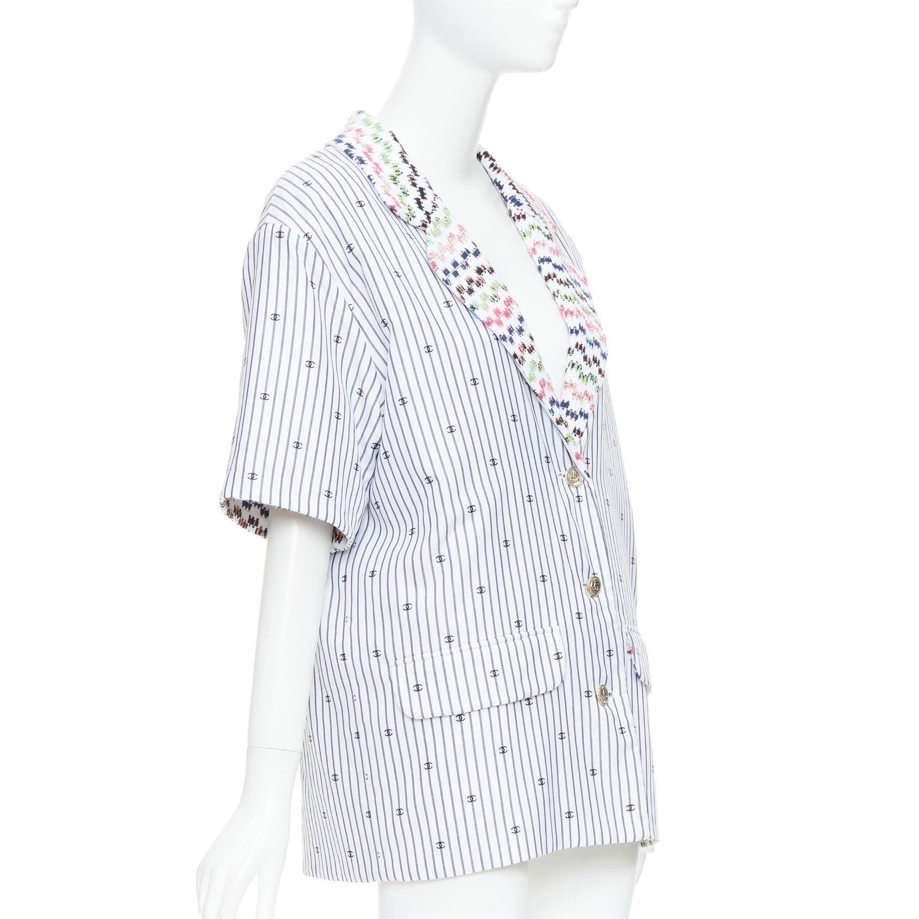 Chanel CHANEL 2021 multicolor tweed white CC logo stripe short sleeve jacket FR38 M Size M / US 6-8 / IT 42-44 - 4 Thumbnail