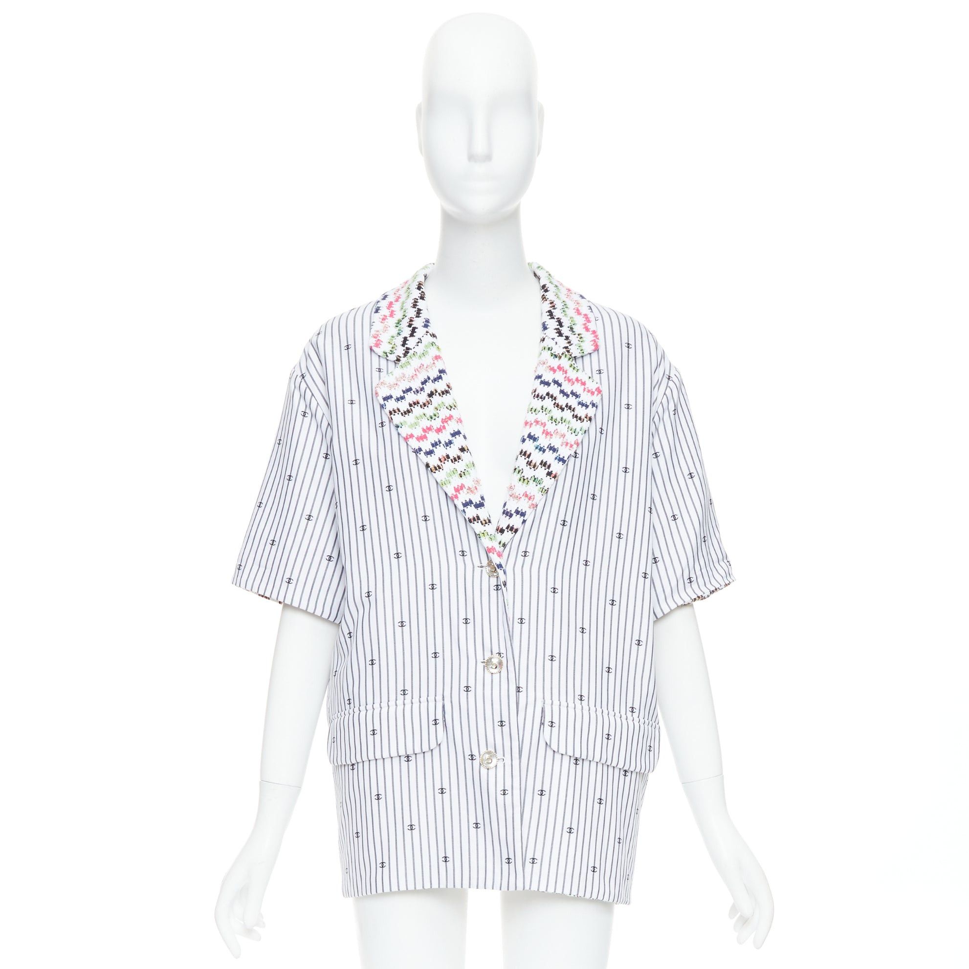 Chanel CHANEL 2021 multicolor tweed white CC logo stripe short sleeve jacket FR38 M Size M / US 6-8 / IT 42-44 - 10 Thumbnail