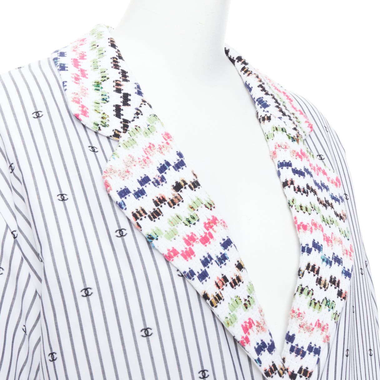 Chanel CHANEL 2021 multicolor tweed white CC logo stripe short sleeve jacket FR38 M Size M / US 6-8 / IT 42-44 - 2 Thumbnail