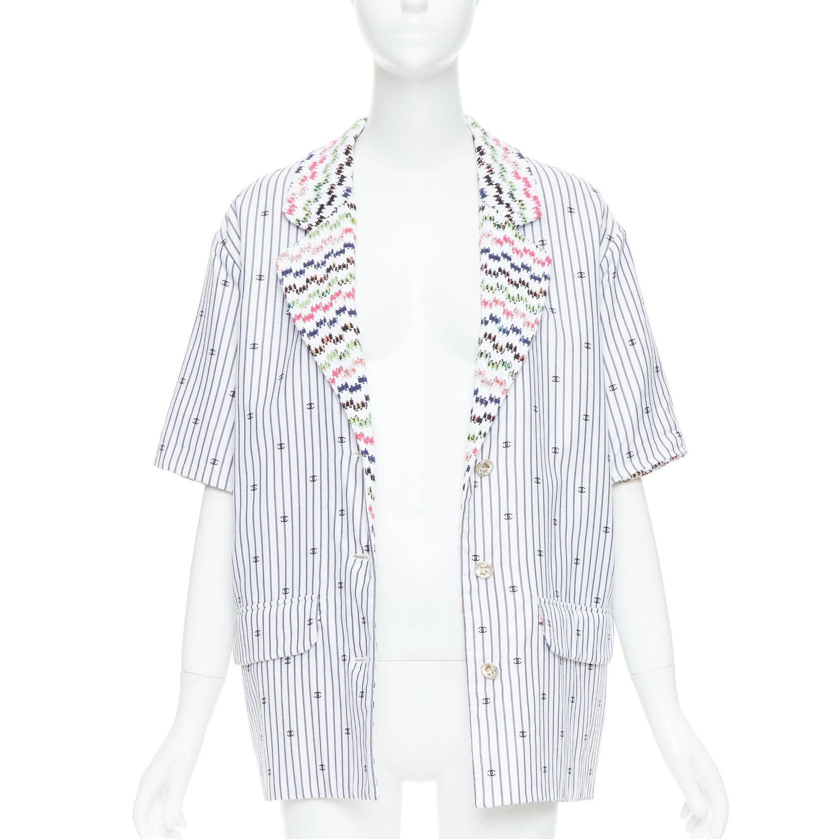 Chanel CHANEL 2021 multicolor tweed white CC logo stripe short sleeve jacket FR38 M Size M / US 6-8 / IT 42-44 - 3 Thumbnail