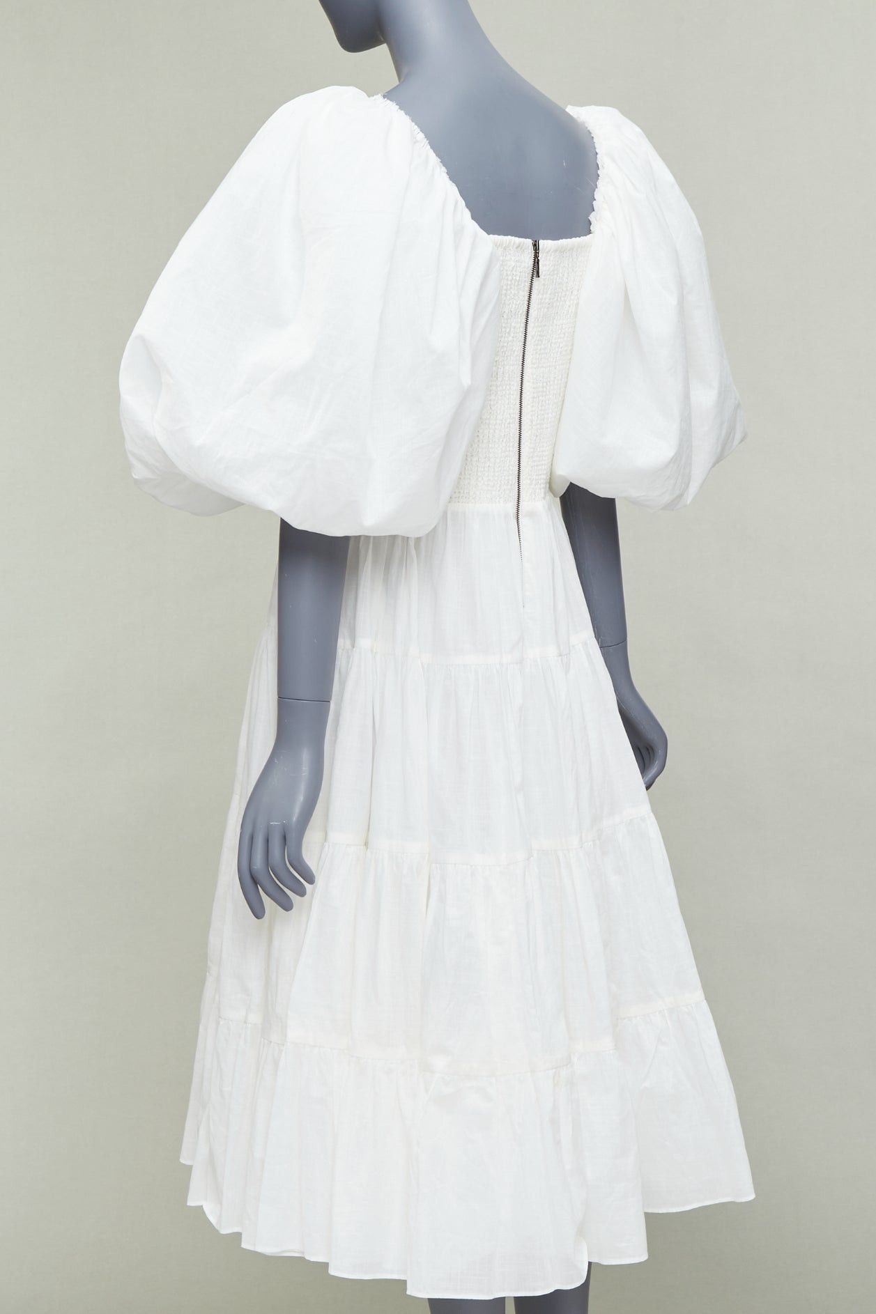 AJE Cherished white cotton linen trim puff sleeve tiered midi dress UK14 XL