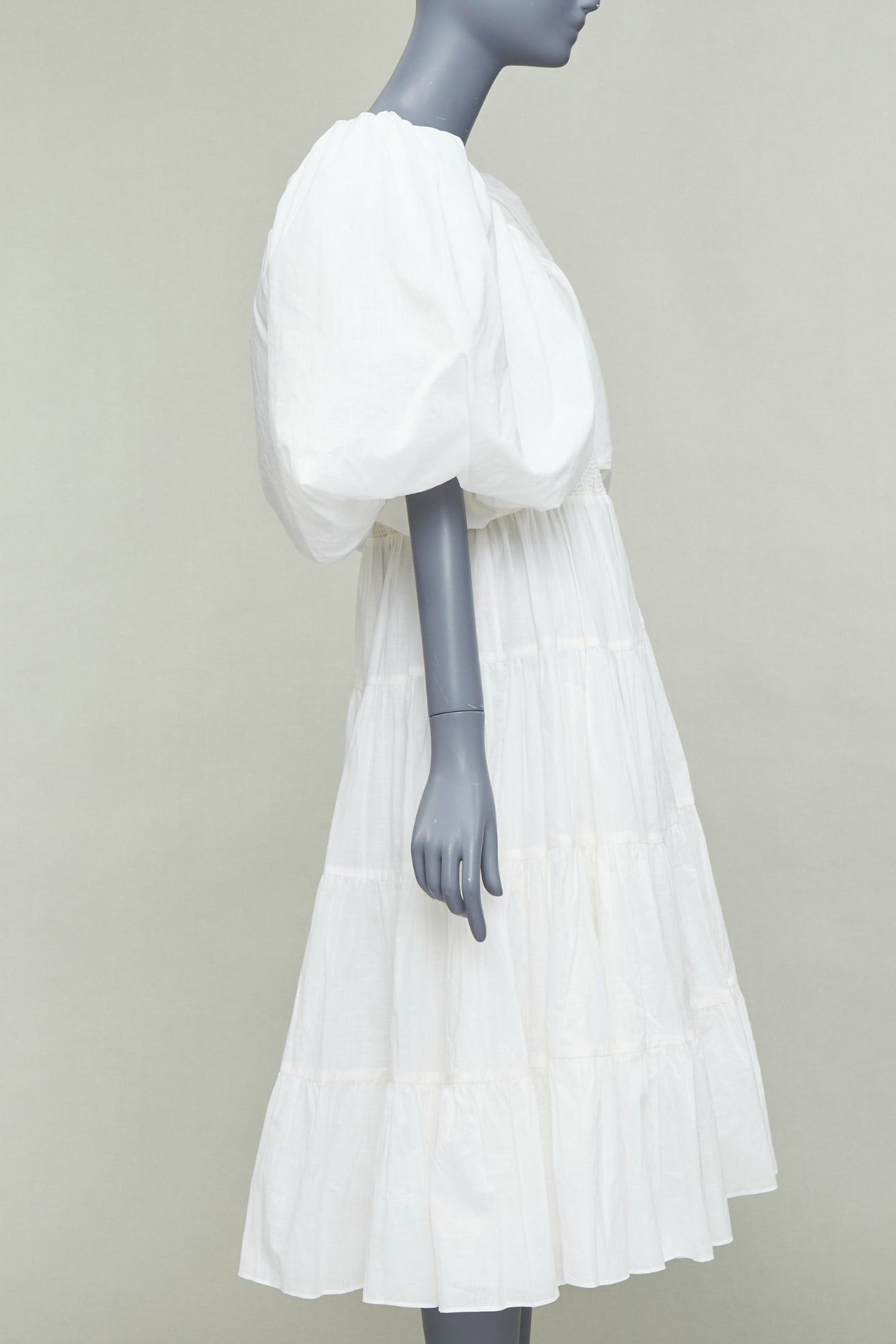Aje AJE Cherished white cotton linen trim puff sleeve tiered midi dress UK14 XL Size L / US 10 / IT 46 - 4 Thumbnail