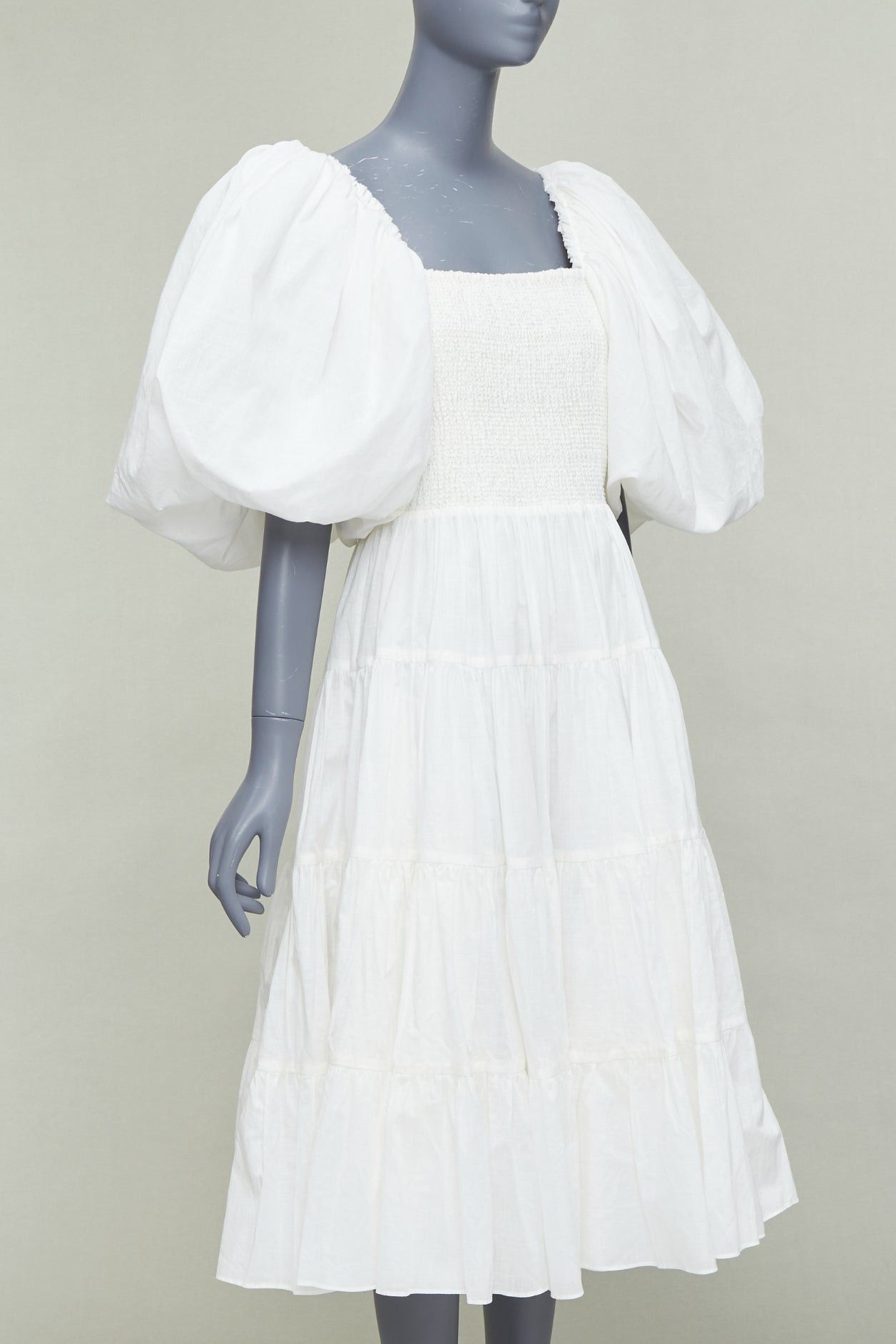 Aje AJE Cherished white cotton linen trim puff sleeve tiered midi dress UK14 XL Size L / US 10 / IT 46 - 3 Thumbnail