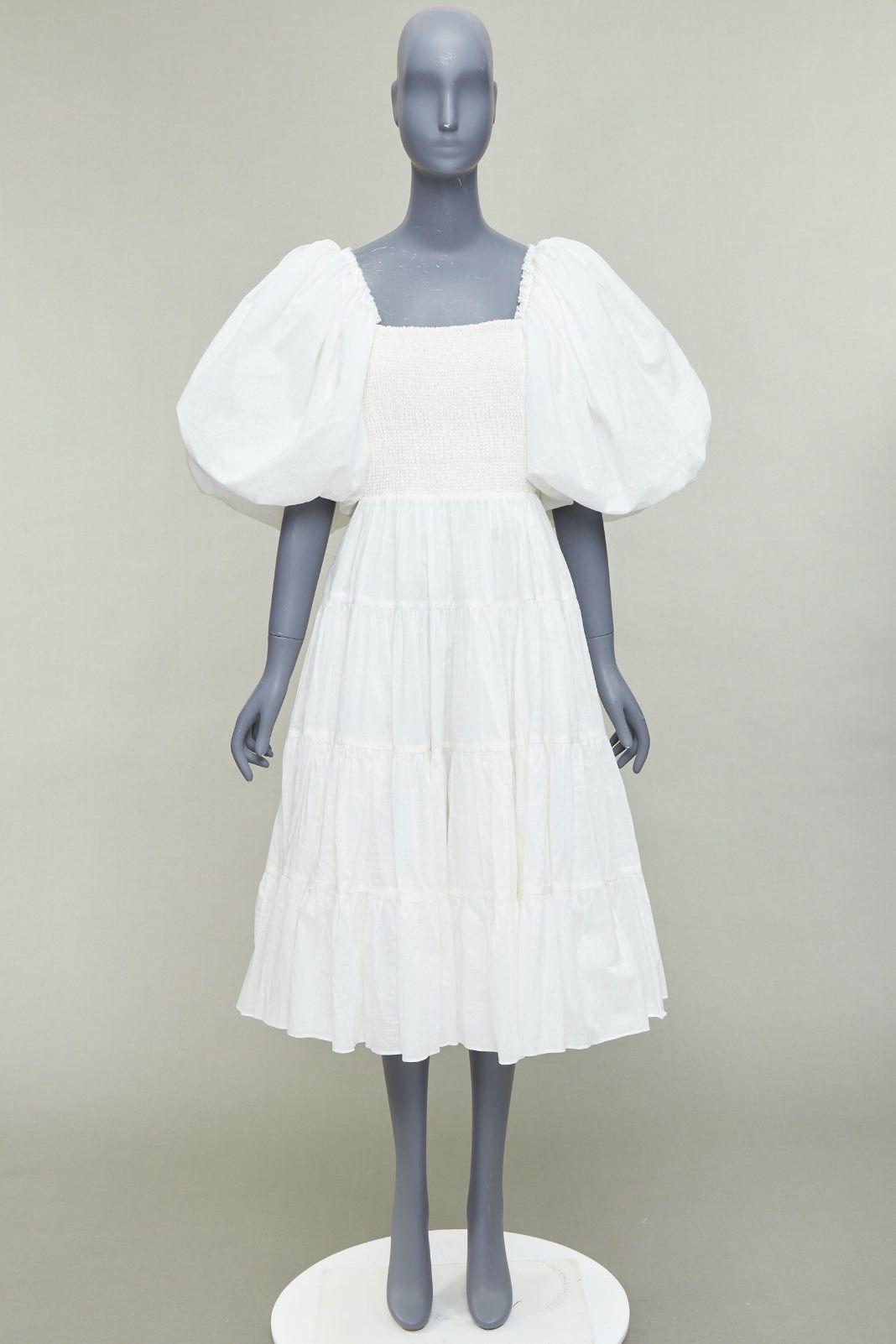Aje AJE Cherished white cotton linen trim puff sleeve tiered midi dress UK14 XL Size L / US 10 / IT 46 - 9 Thumbnail