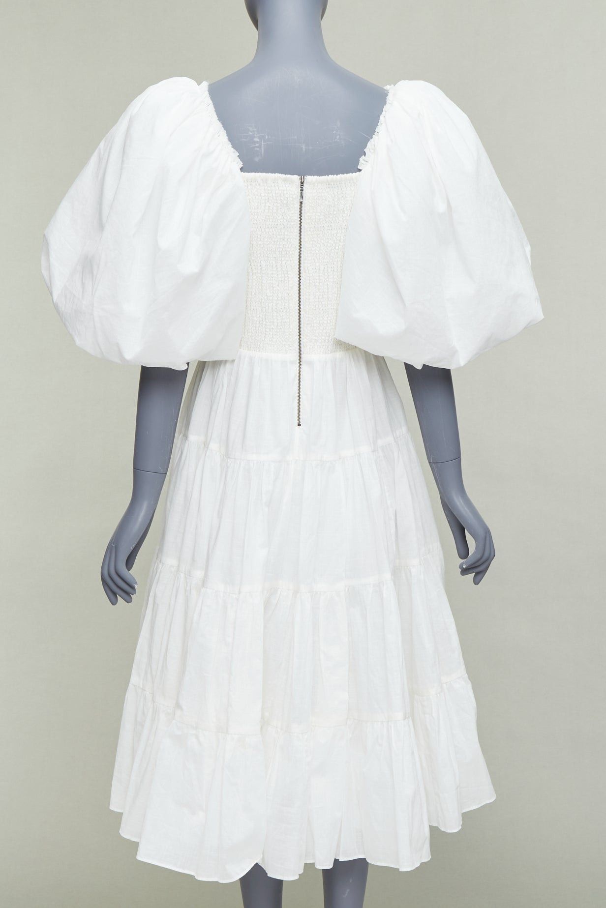 Aje AJE Cherished white cotton linen trim puff sleeve tiered midi dress UK14 XL Size L / US 10 / IT 46 - 5 Thumbnail