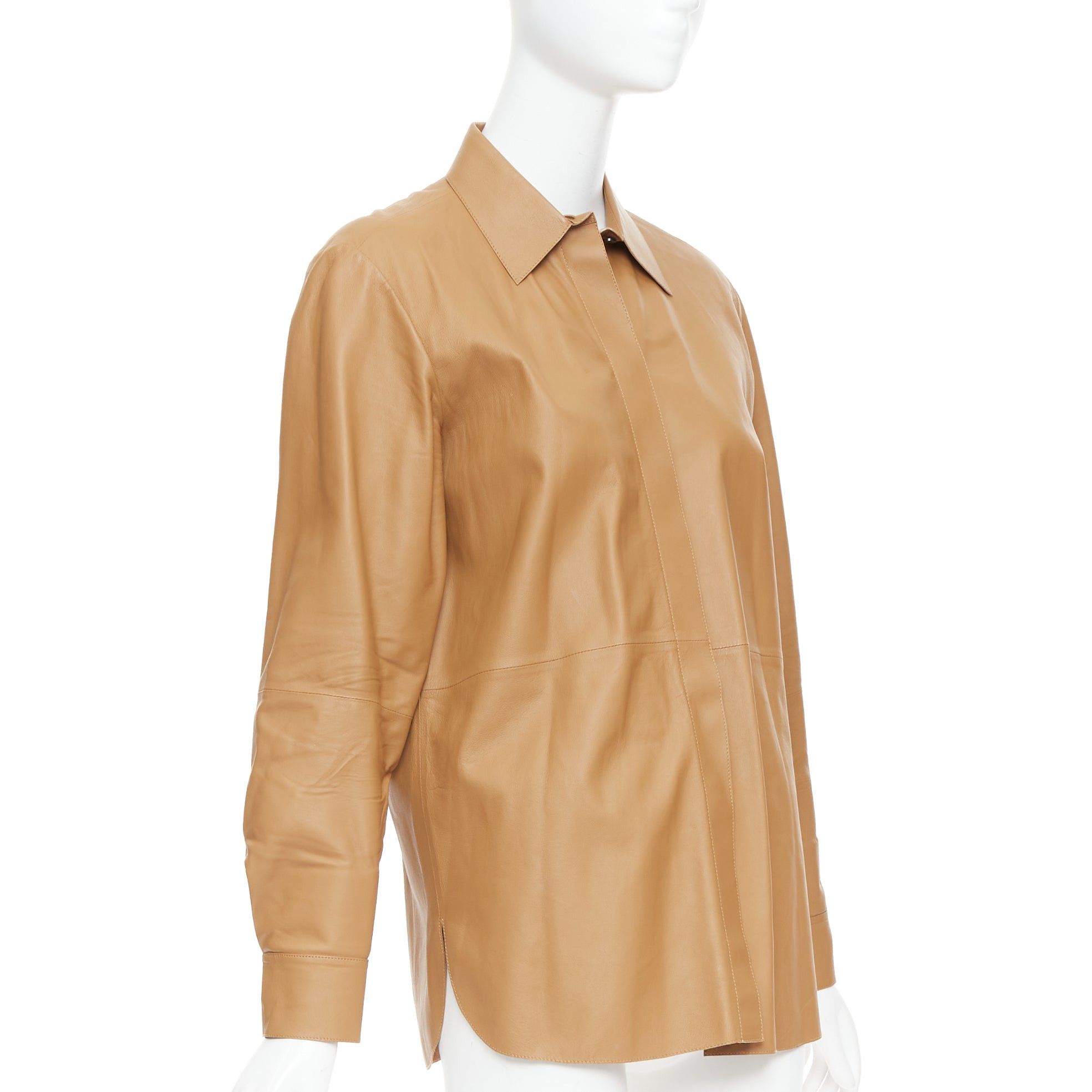 Theory THEORY L Nappa Shine brown lambskin leather panelled shirt XS Size S / US 4 / IT 40 - 3 Thumbnail