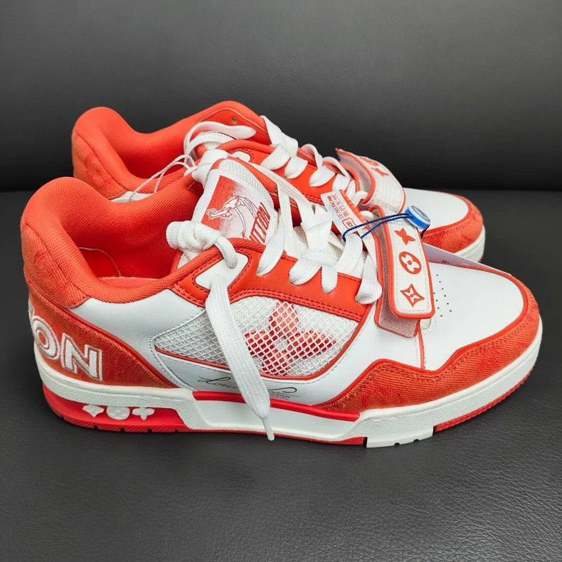 Louis Vuitton LV Leather Denim Trainer Sneakers Orange White - dmc Size US 5.5 / EU 38 - 2 Thumbnail
