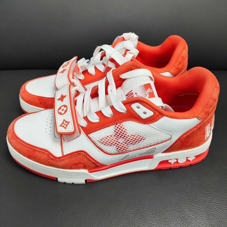 Louis Vuitton LV Leather Denim Trainer Sneakers Orange White - dmc Size US 5.5 / EU 38 - 4 Thumbnail
