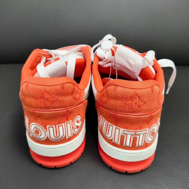 Louis Vuitton LV Leather Denim Trainer Sneakers Orange White - dmc Size US 5.5 / EU 38 - 3 Thumbnail