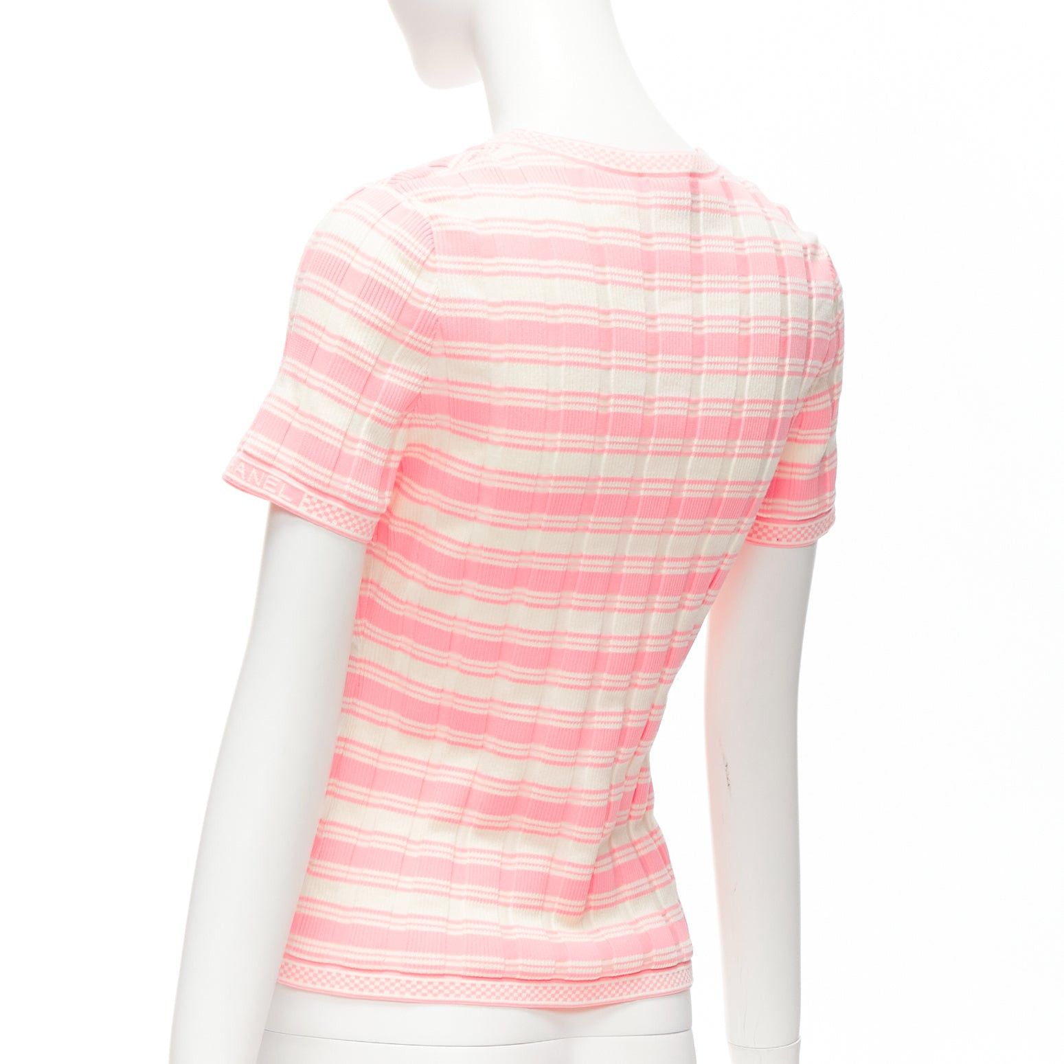 Chanel CHANEL 23C white pink stripe logo charm short sleeve ribbed sweater FR40 L Size M / US 6-8 / IT 42-44 - 6 Thumbnail
