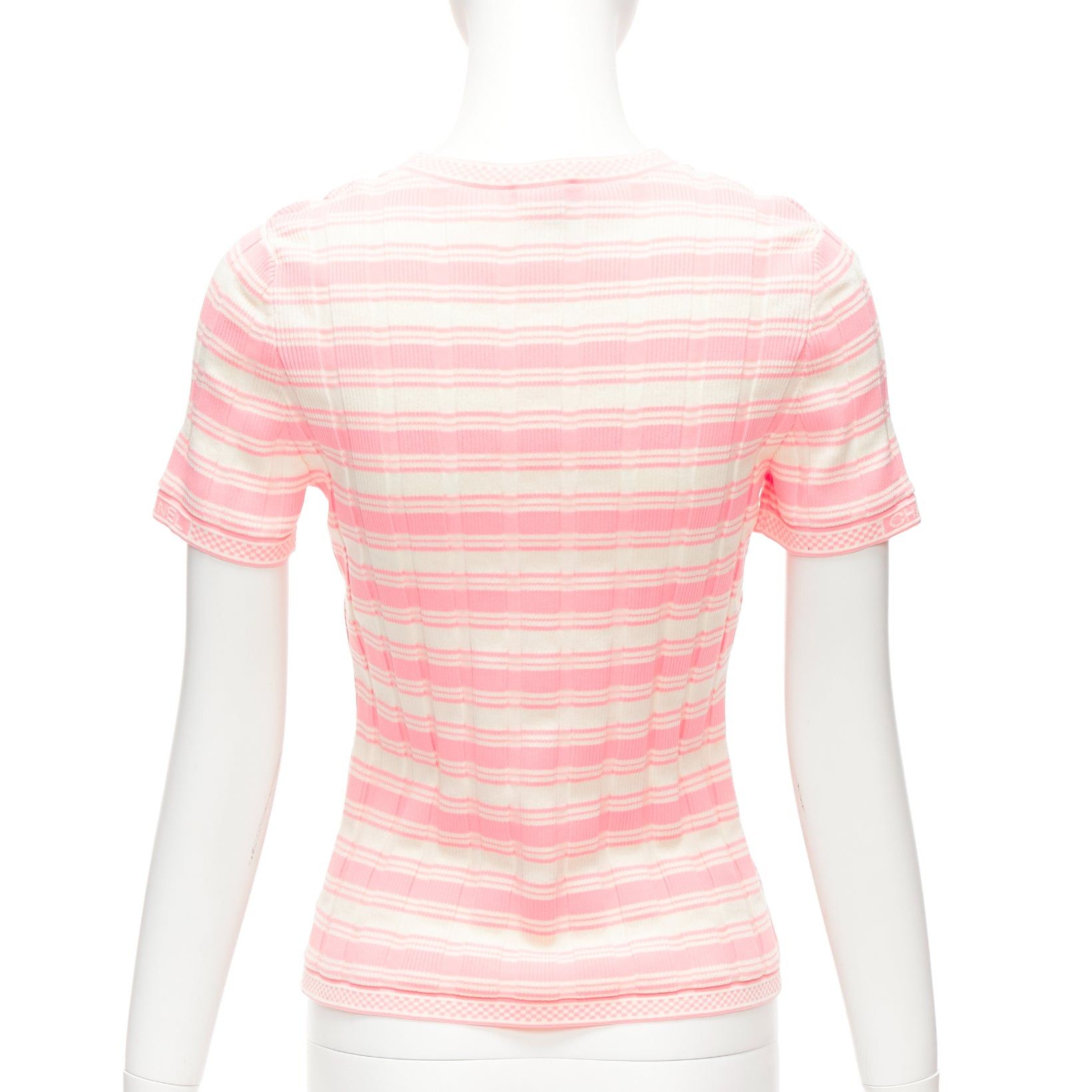 Chanel CHANEL 23C white pink stripe logo charm short sleeve ribbed sweater FR40 L Size M / US 6-8 / IT 42-44 - 5 Thumbnail