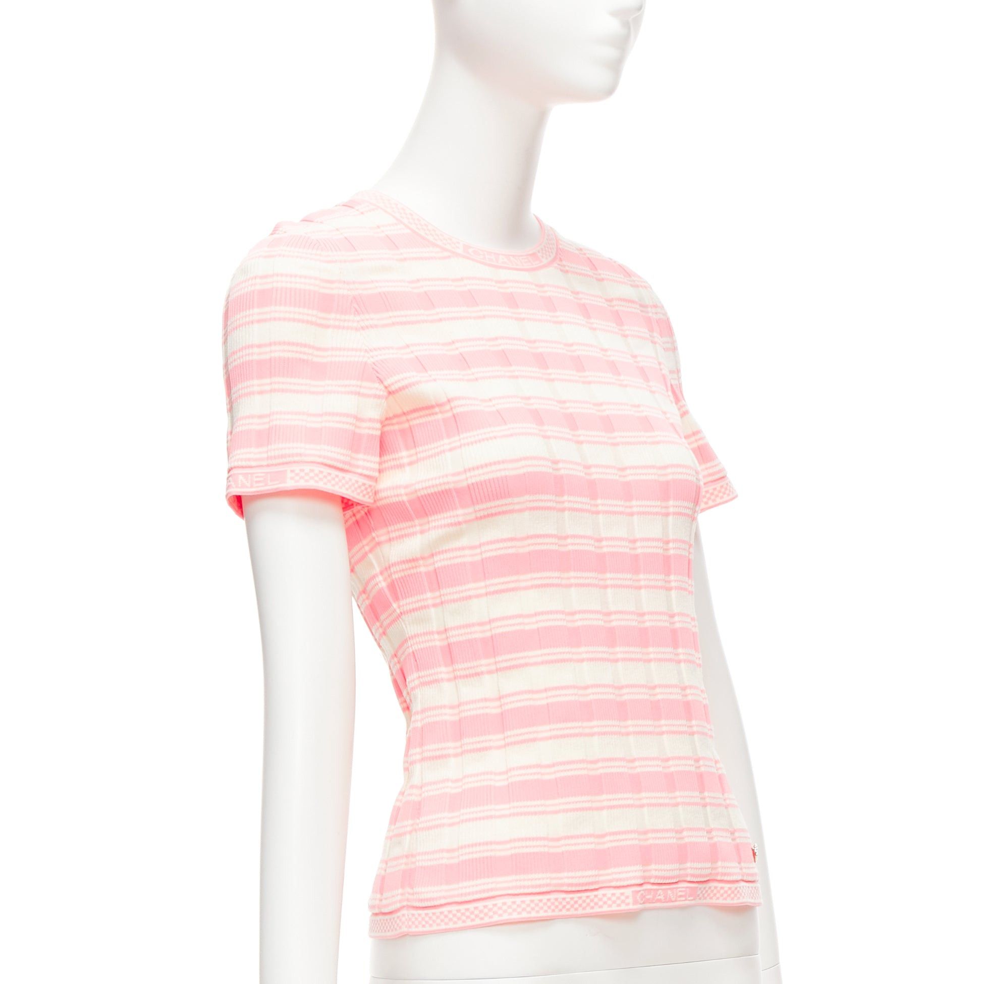 Chanel CHANEL 23C white pink stripe logo charm short sleeve ribbed sweater FR40 L Size M / US 6-8 / IT 42-44 - 3 Thumbnail