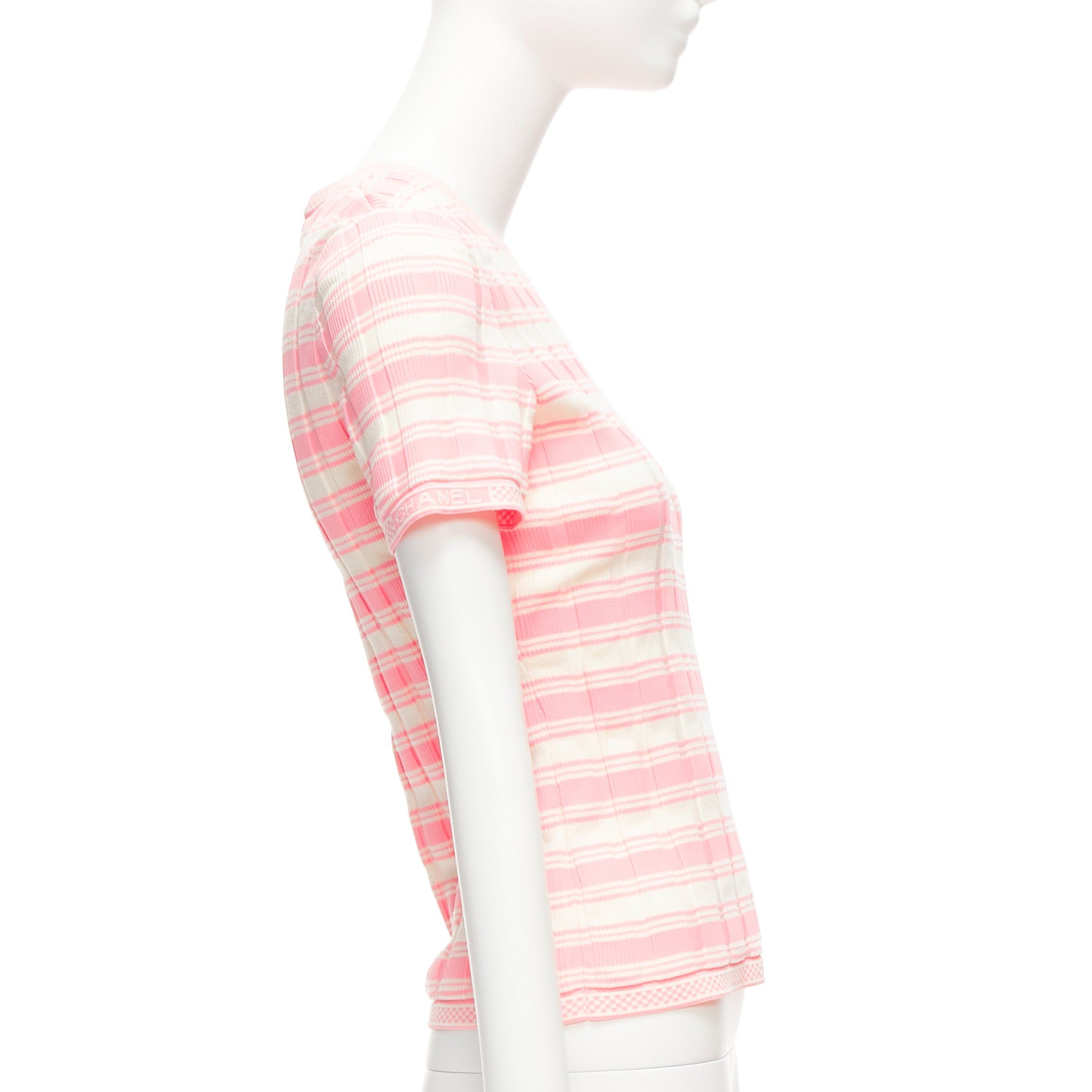 Chanel CHANEL 23C white pink stripe logo charm short sleeve ribbed sweater FR40 L Size M / US 6-8 / IT 42-44 - 4 Thumbnail