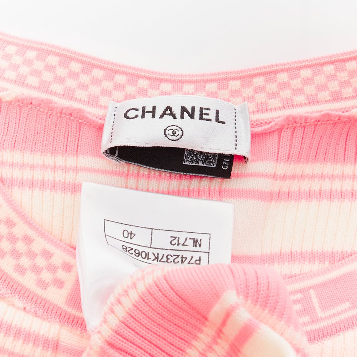 Chanel CHANEL 23C white pink stripe logo charm short sleeve ribbed sweater FR40 L Size M / US 6-8 / IT 42-44 - 8 Thumbnail