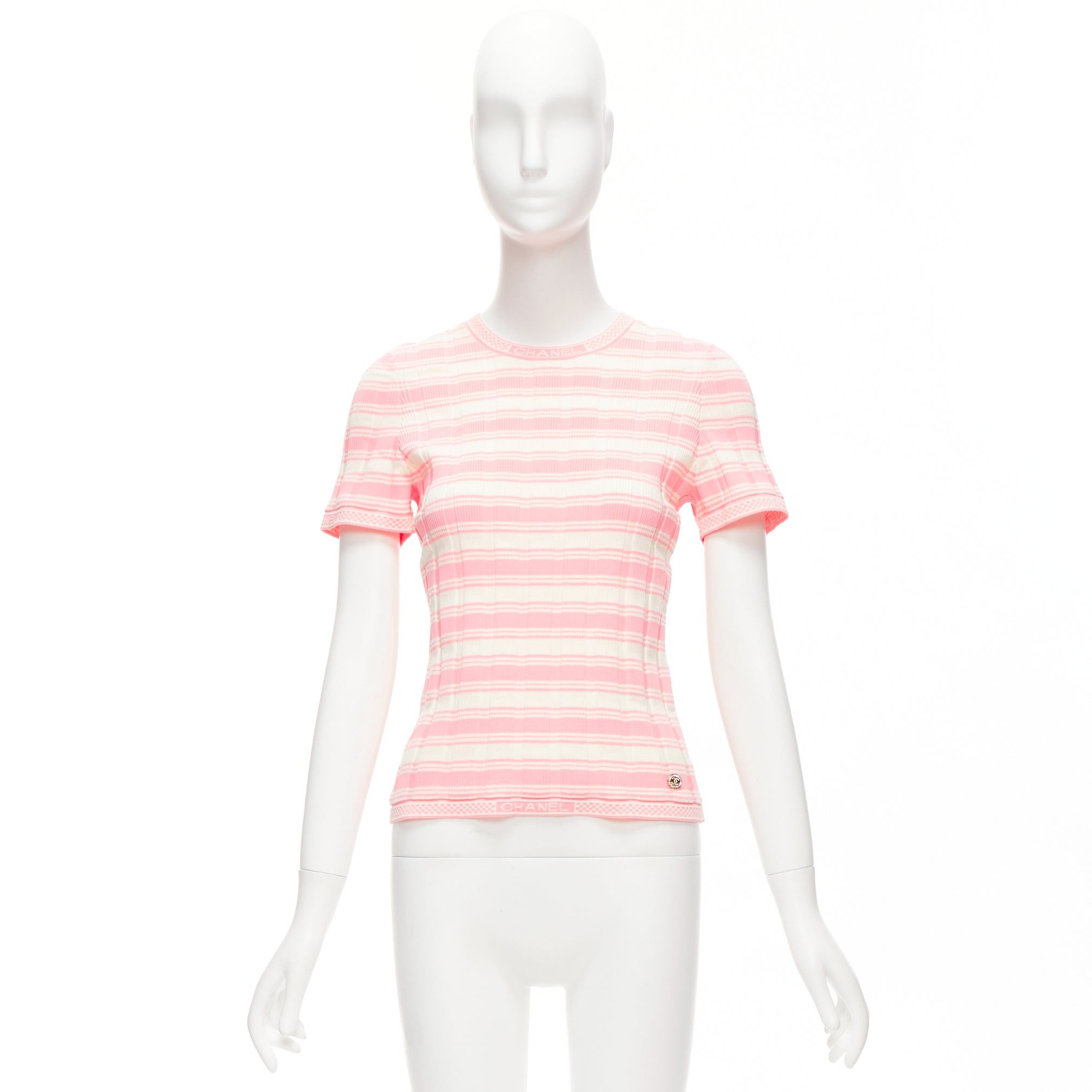 Chanel CHANEL 23C white pink stripe logo charm short sleeve ribbed sweater FR40 L Size M / US 6-8 / IT 42-44 - 9 Thumbnail