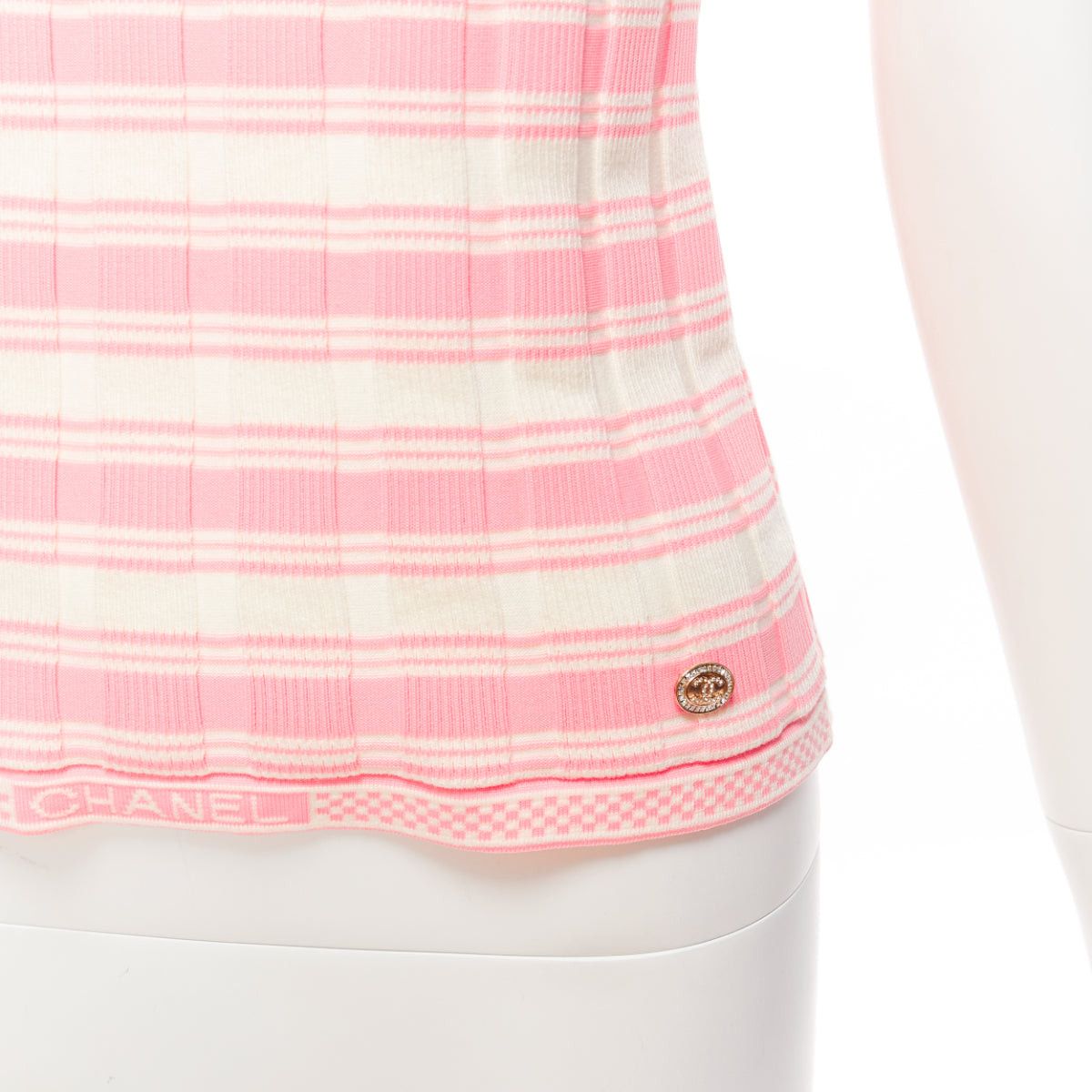 Chanel CHANEL 23C white pink stripe logo charm short sleeve ribbed sweater FR40 L Size M / US 6-8 / IT 42-44 - 2 Thumbnail