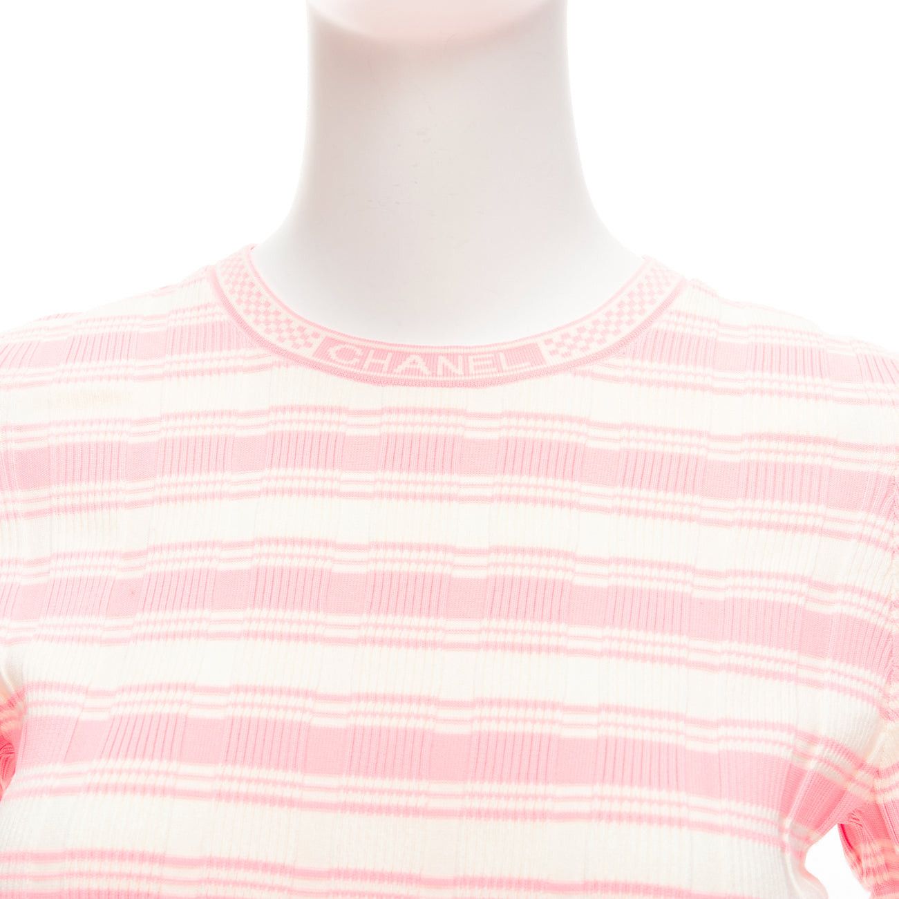 Chanel CHANEL 23C white pink stripe logo charm short sleeve ribbed sweater FR40 L Size M / US 6-8 / IT 42-44 - 7 Thumbnail