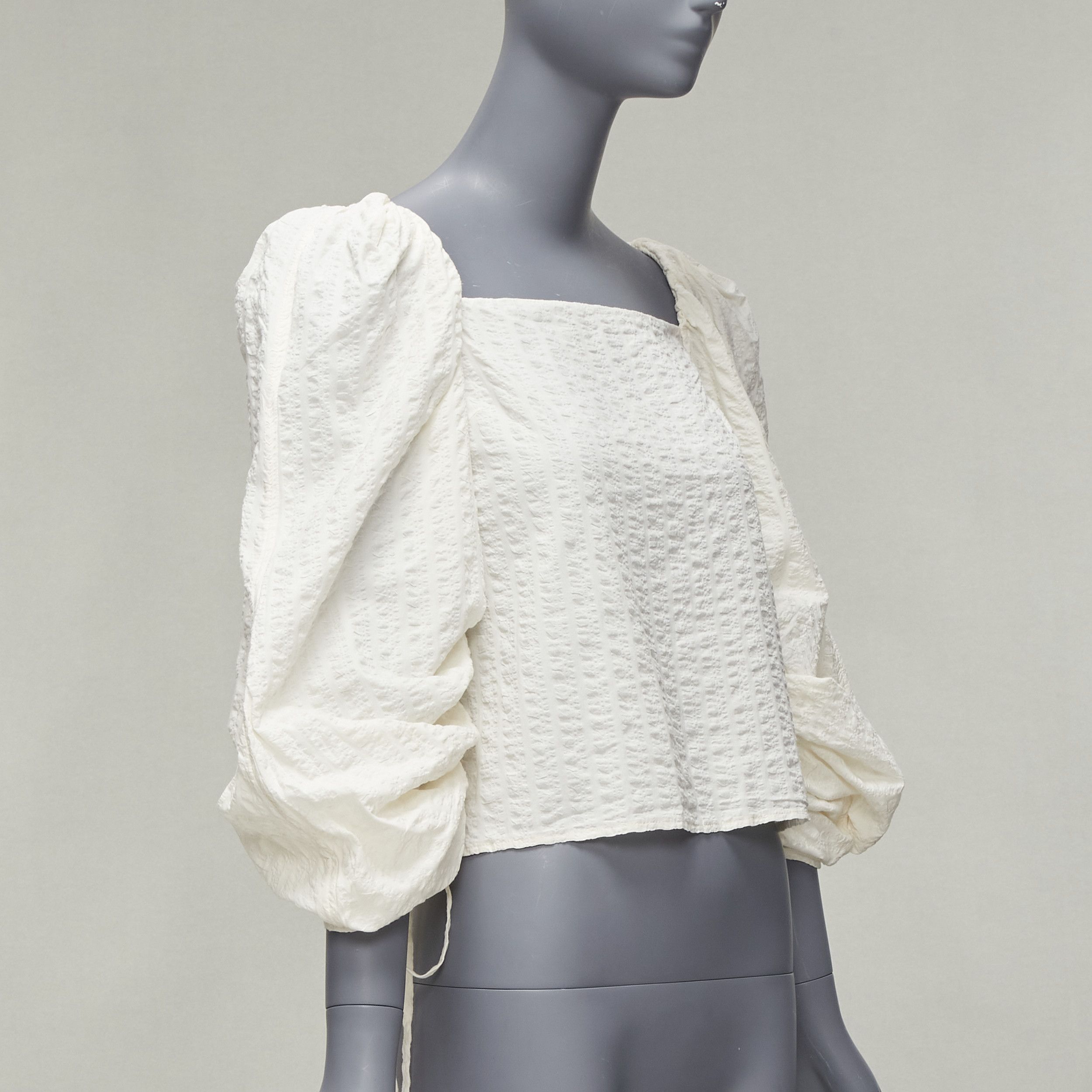 Rejina Pyo REGINA PYO cream cotton square neck ruched puff sleeves cropped peasant top S Size S / US 4 / IT 40 - 3 Thumbnail